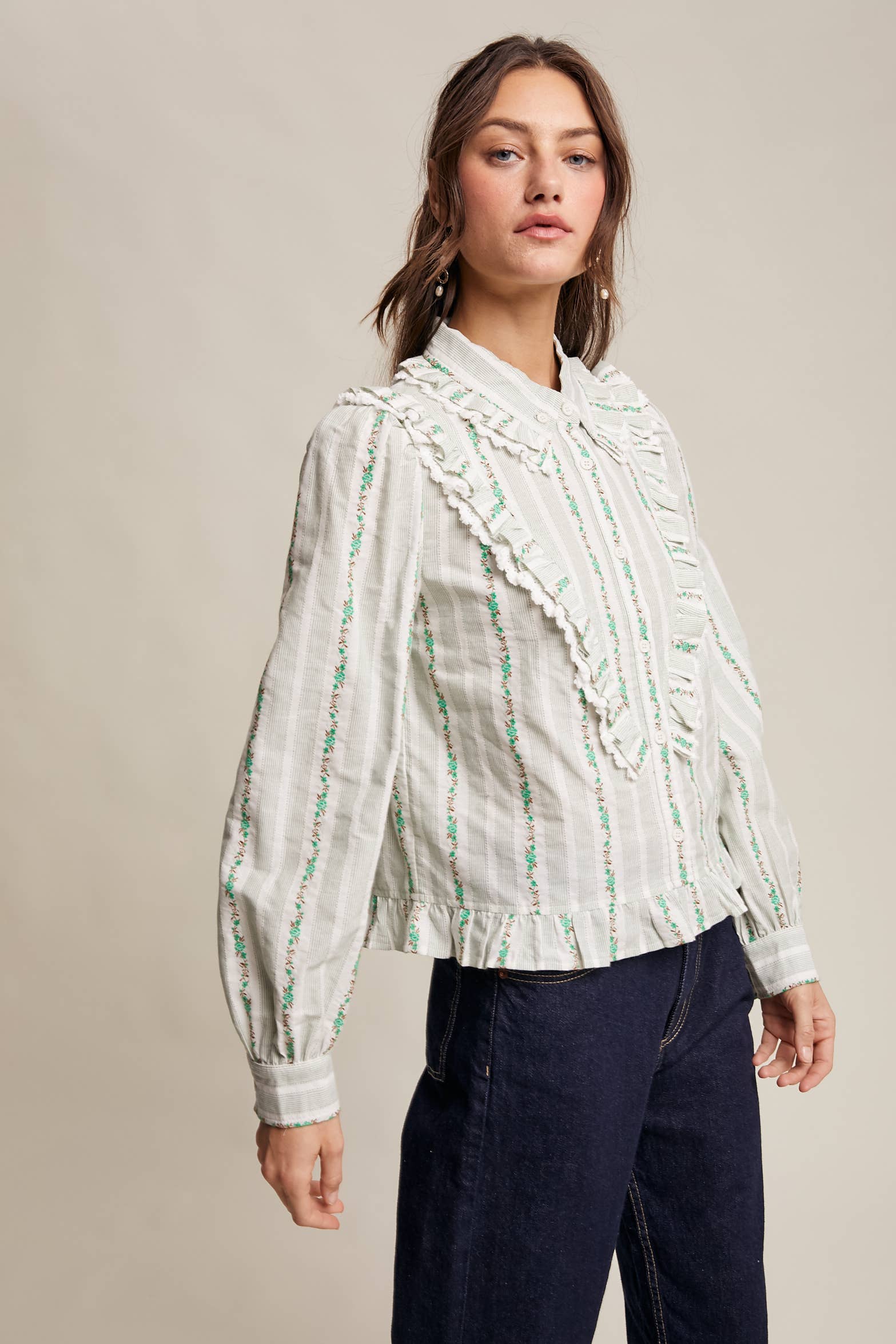 Green Flower Ruffle Embroidered Blouse