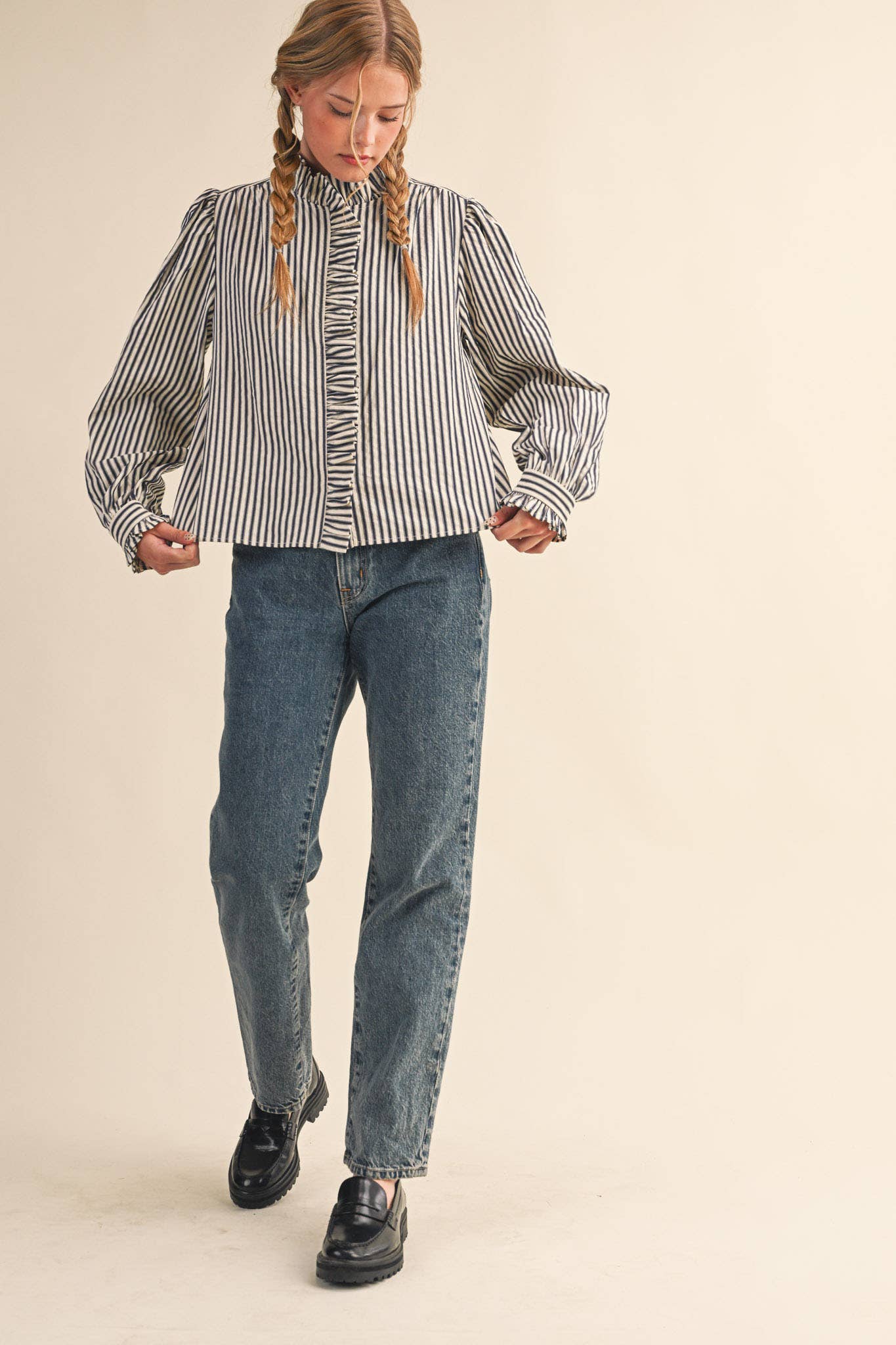 STRIPED RUFFLED BUTTON DOWN TOP