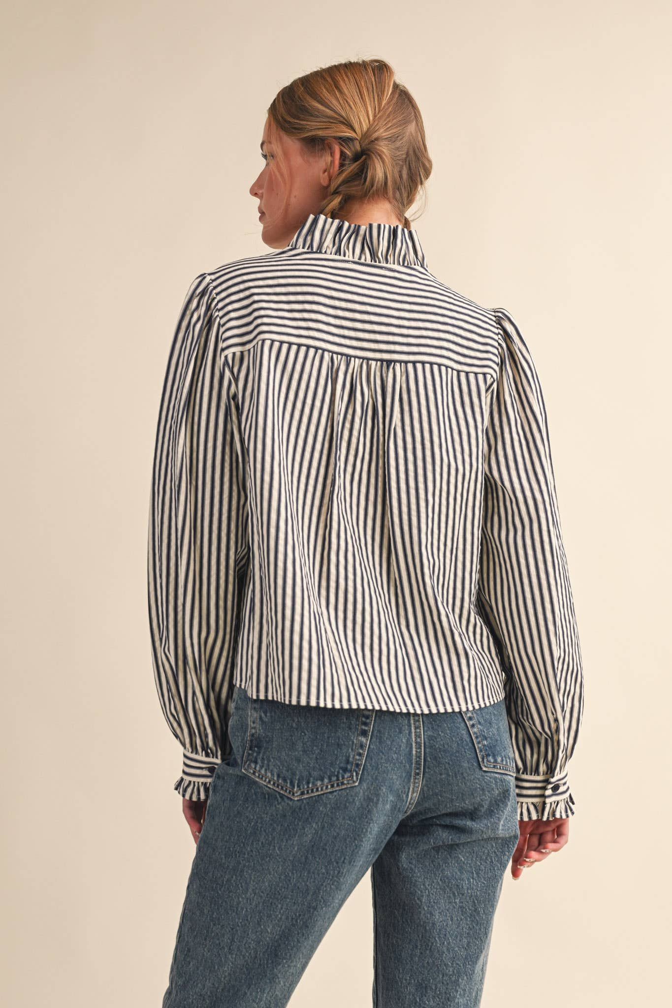 STRIPED RUFFLED BUTTON DOWN TOP
