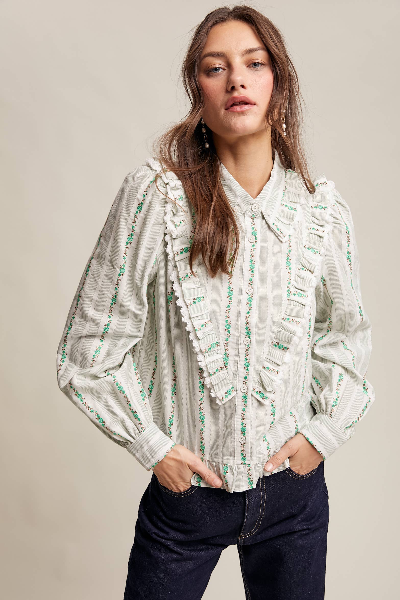 Green Flower Ruffle Embroidered Blouse