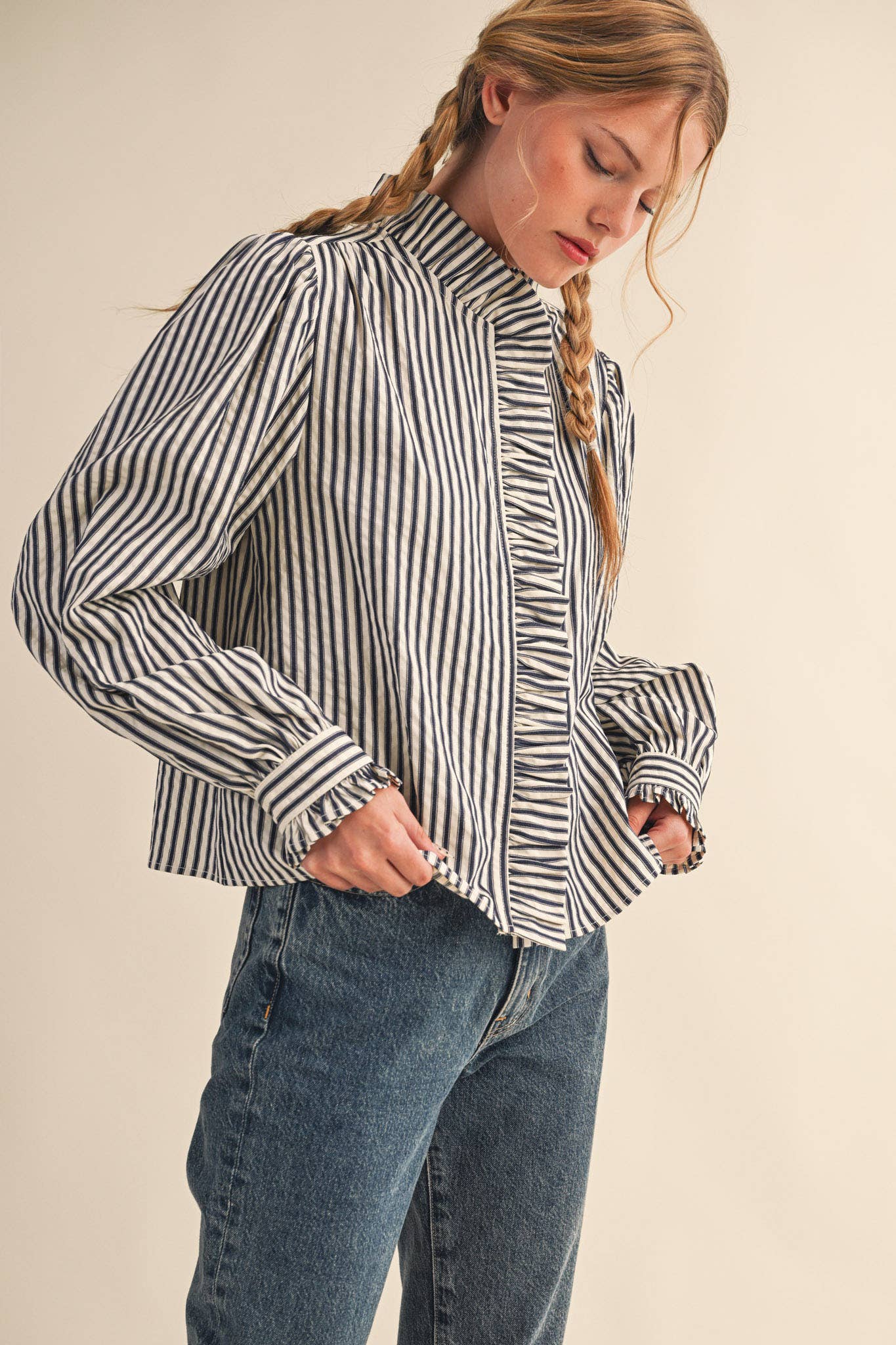 STRIPED RUFFLED BUTTON DOWN TOP