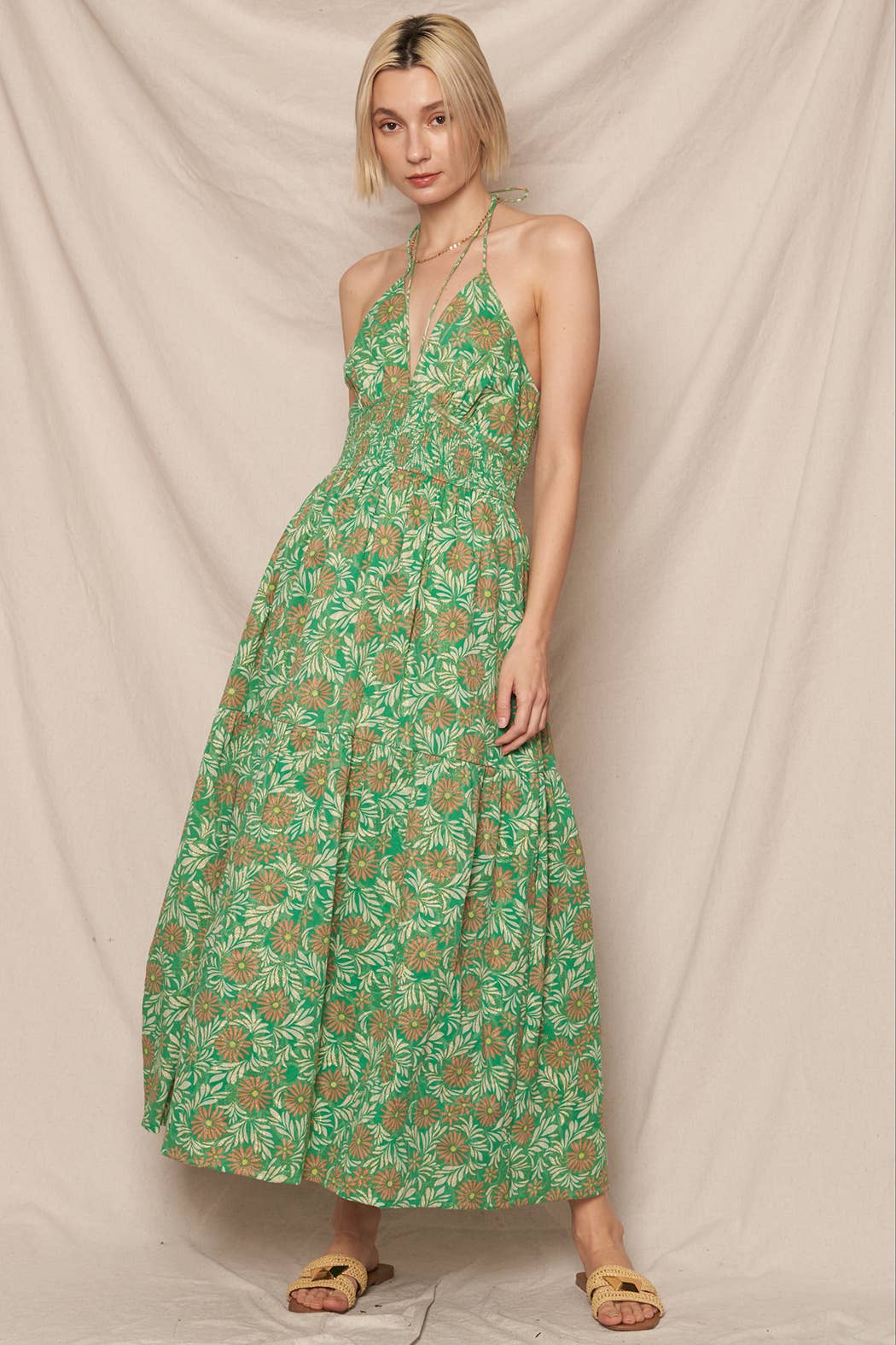 Floral Print + Lurex Strappy Midi Dress