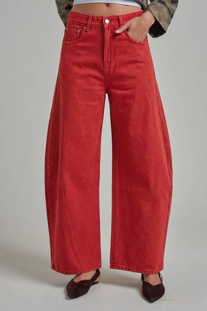 Tomato Red Mid Rise Barrel Jean