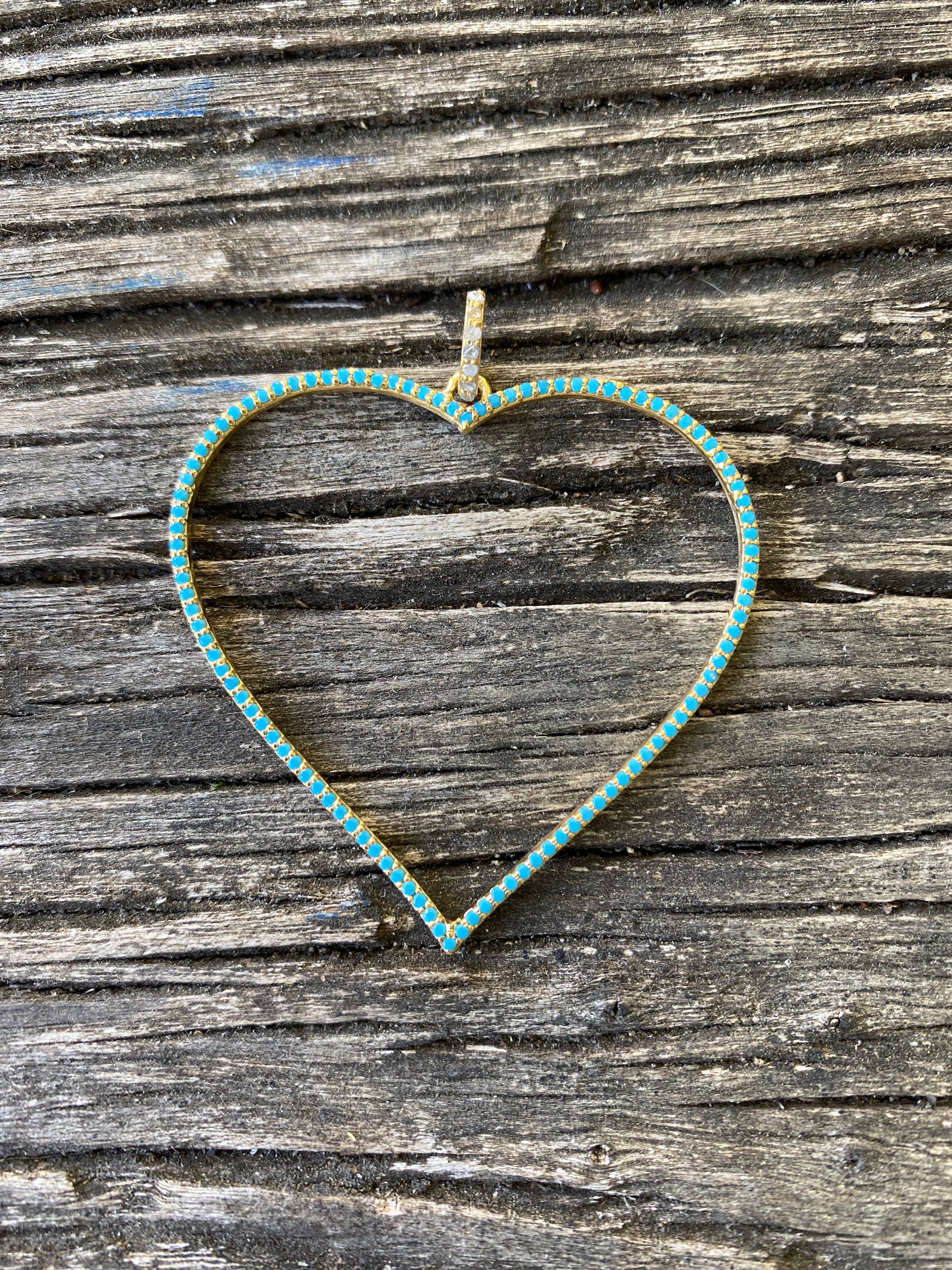 Turquoise & Gold Open Heart Pendant w/ Pave Diamond Bail