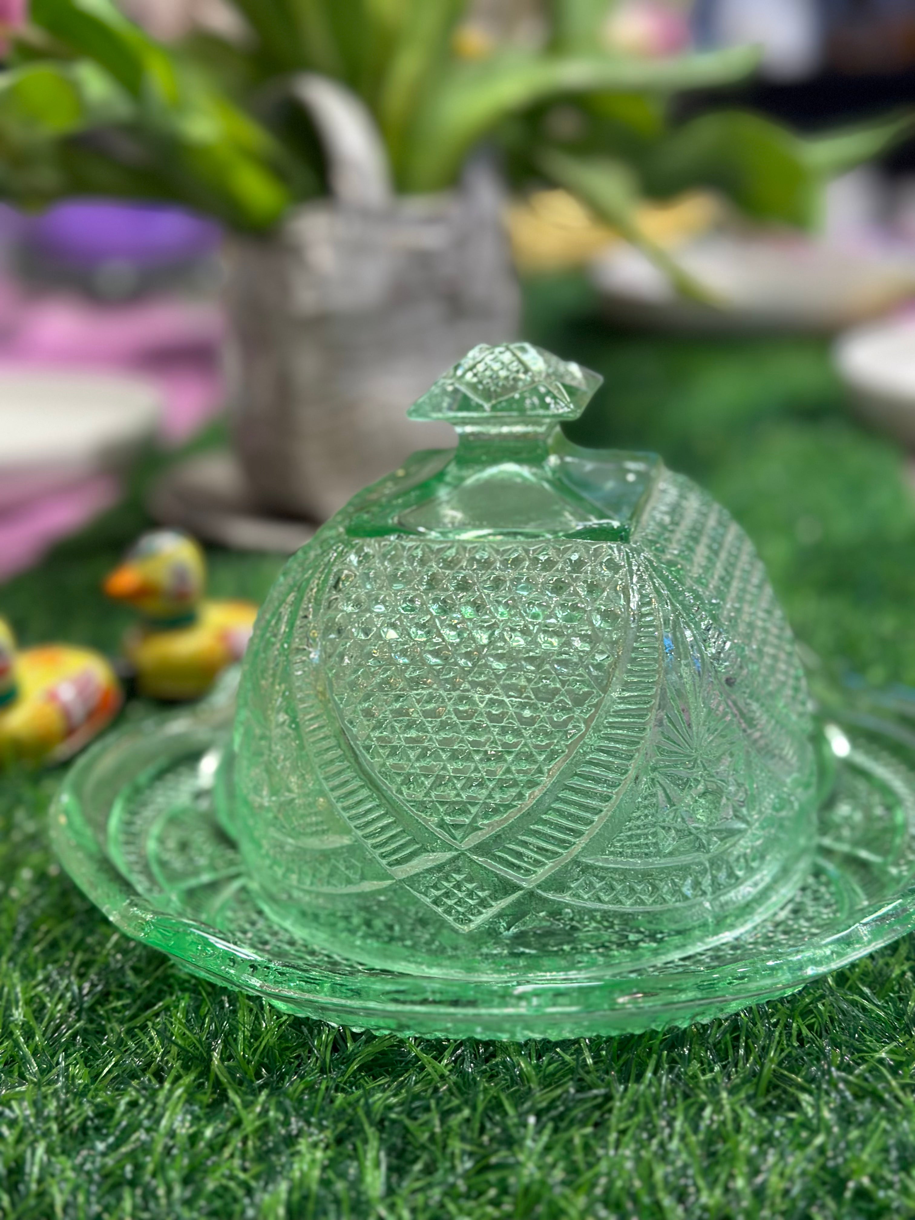 Green Cut Glass Butter Dish