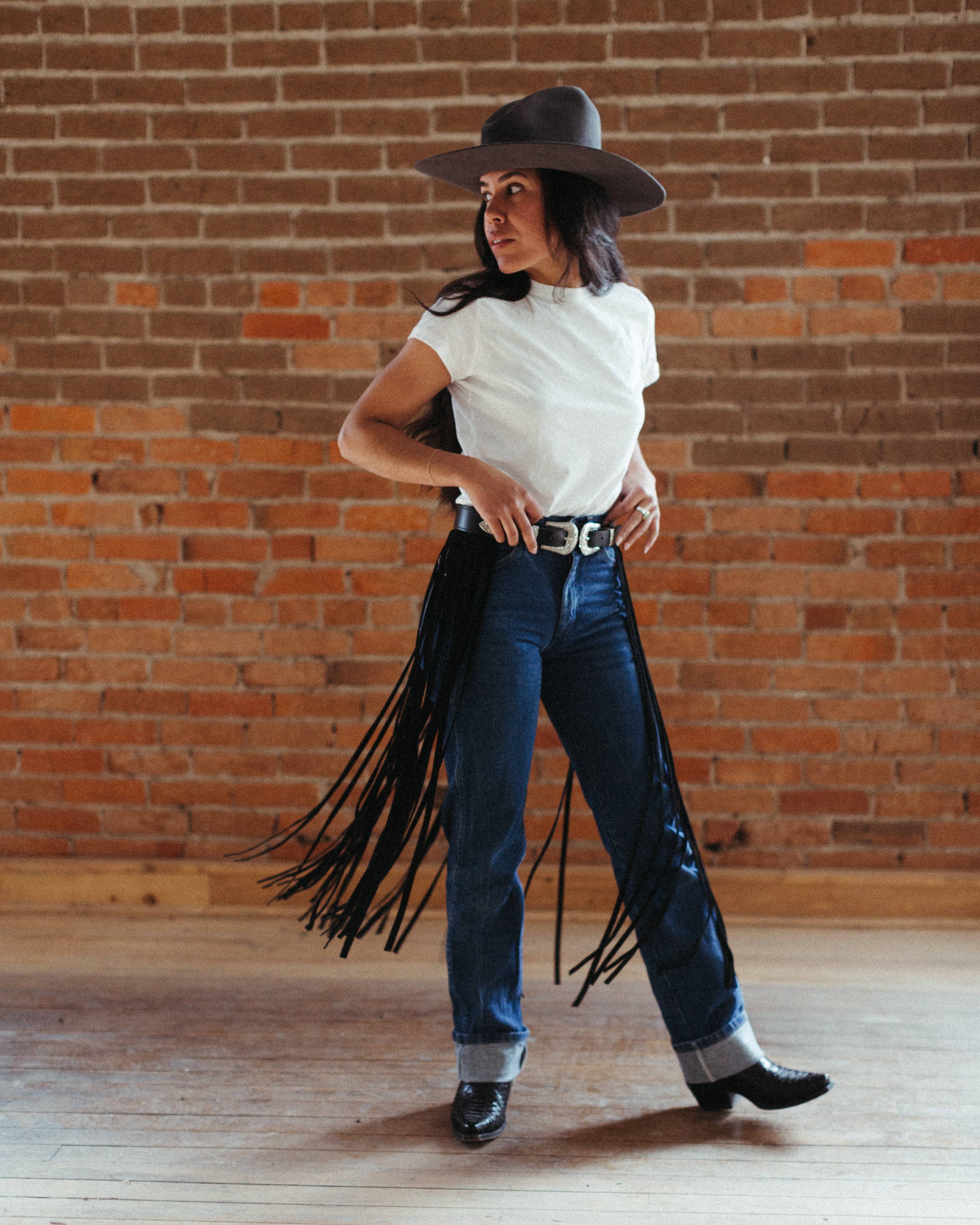 Double Buckle Fringed Leather Belt by Crossbow