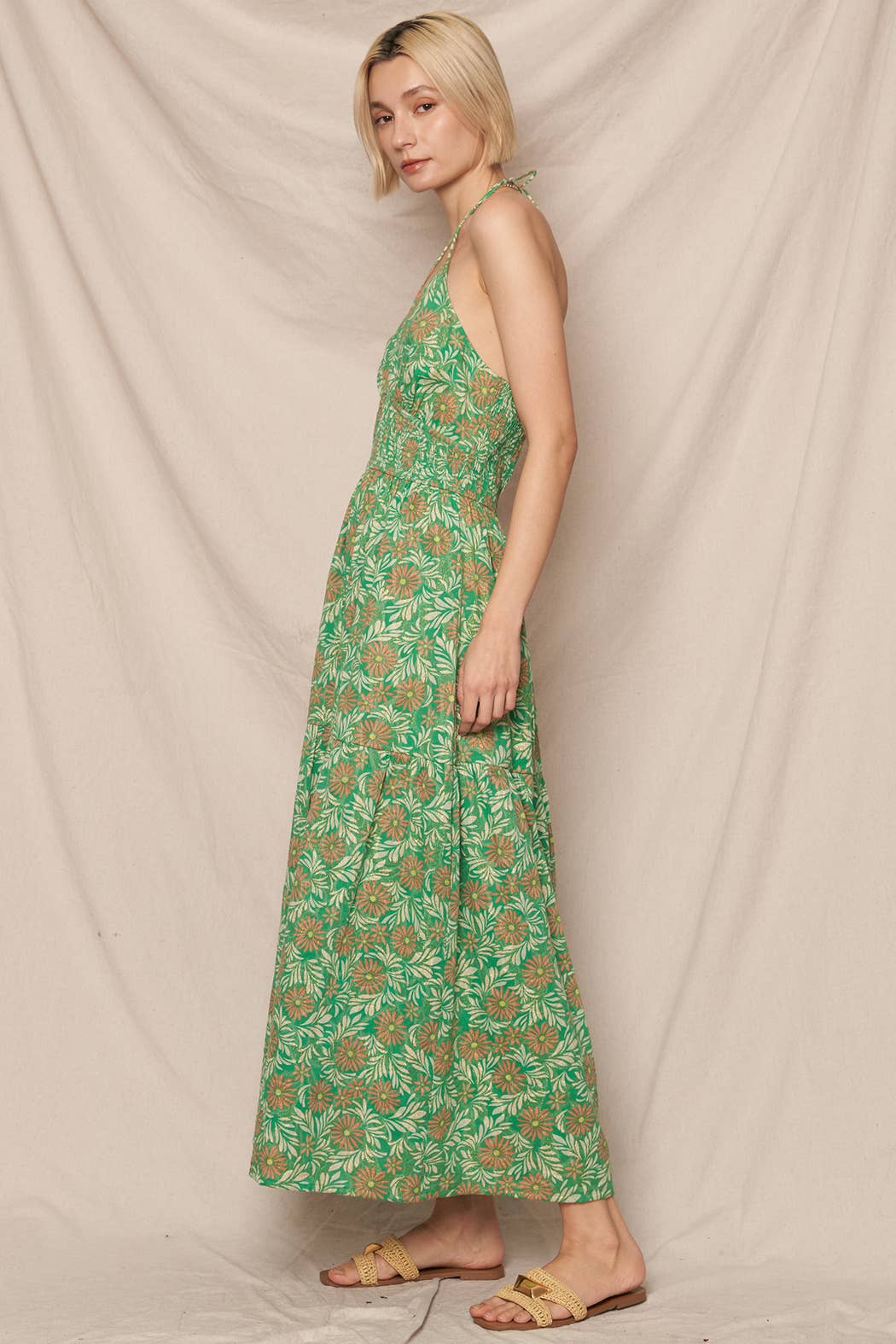 Floral Print + Lurex Strappy Midi Dress
