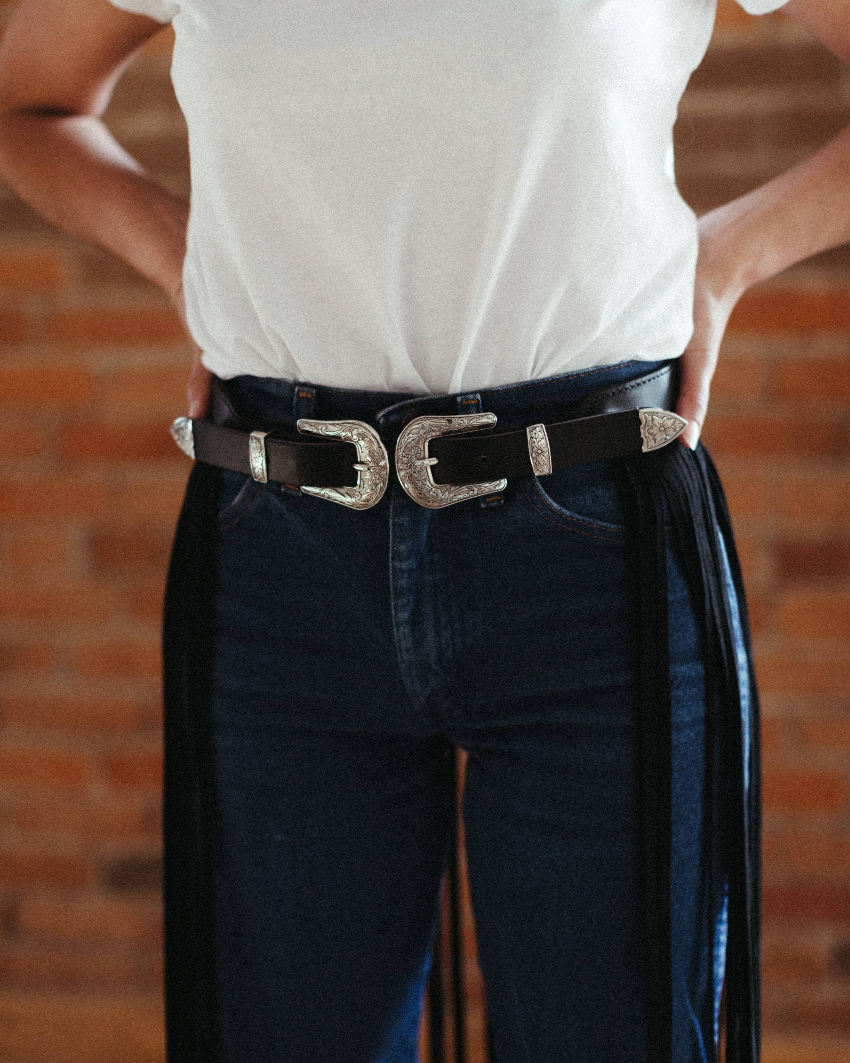 Double Buckle Fringed Leather Belt by Crossbow