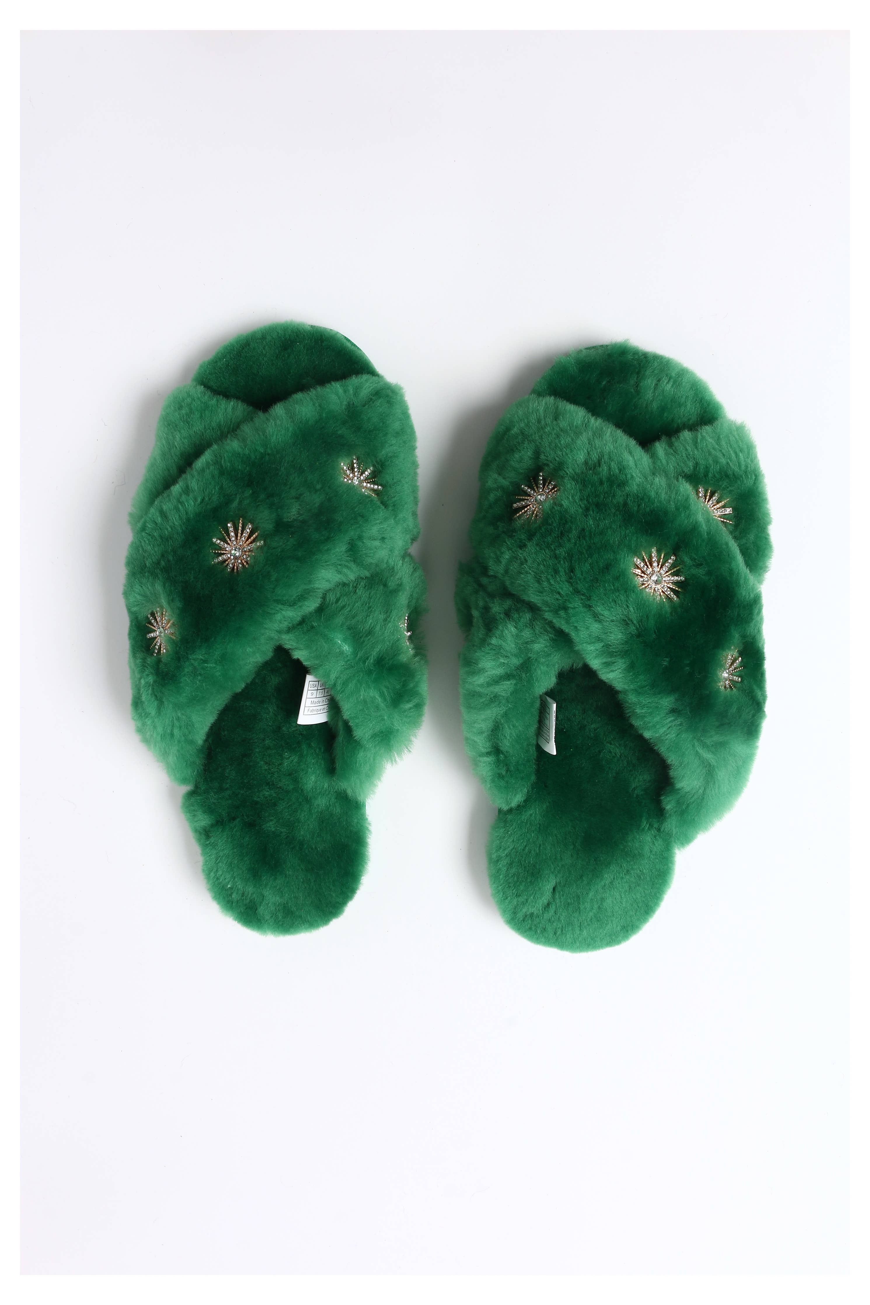 Sheepskin Slippers Green + Rhinestone