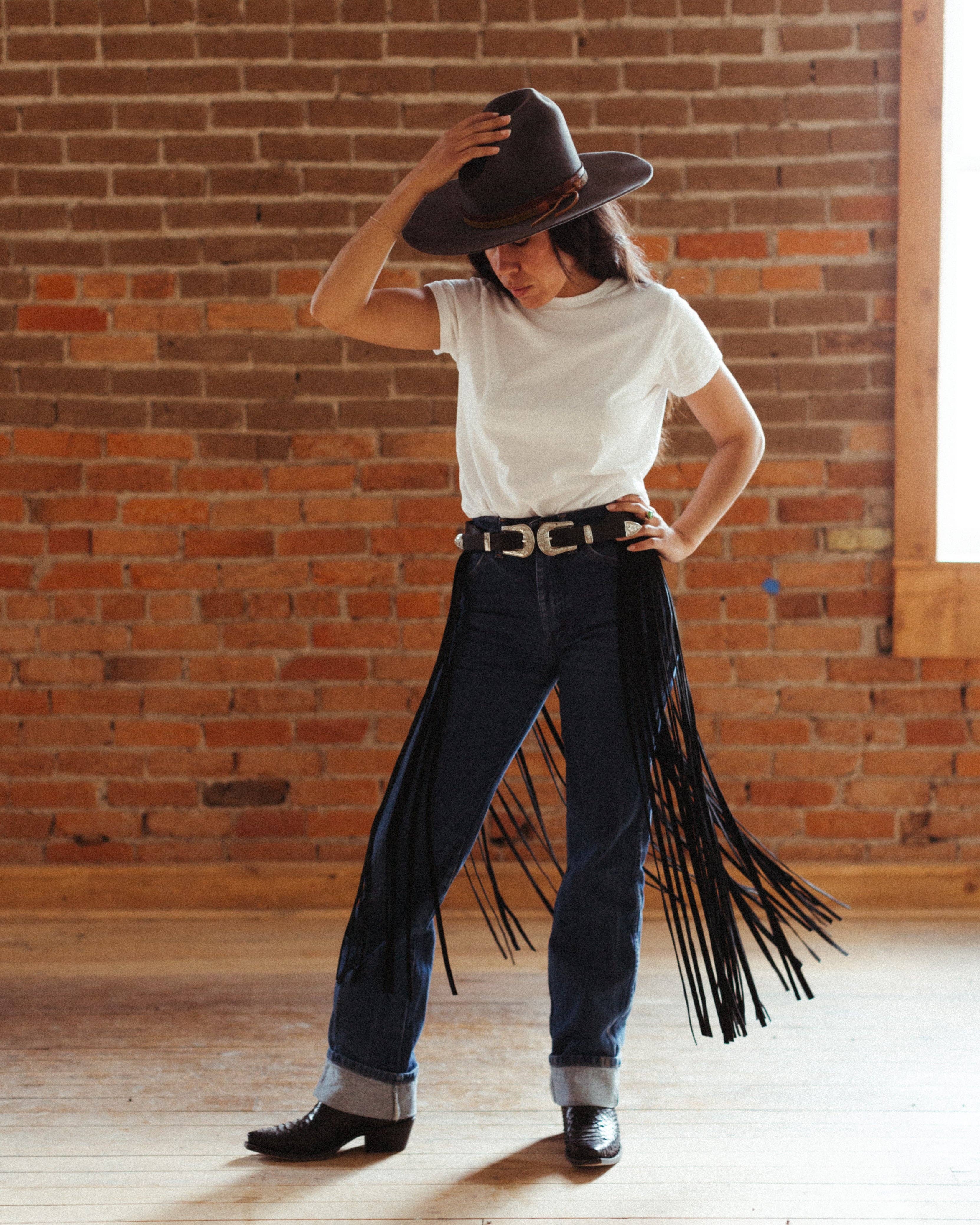 Double Buckle Fringed Leather Belt by Crossbow