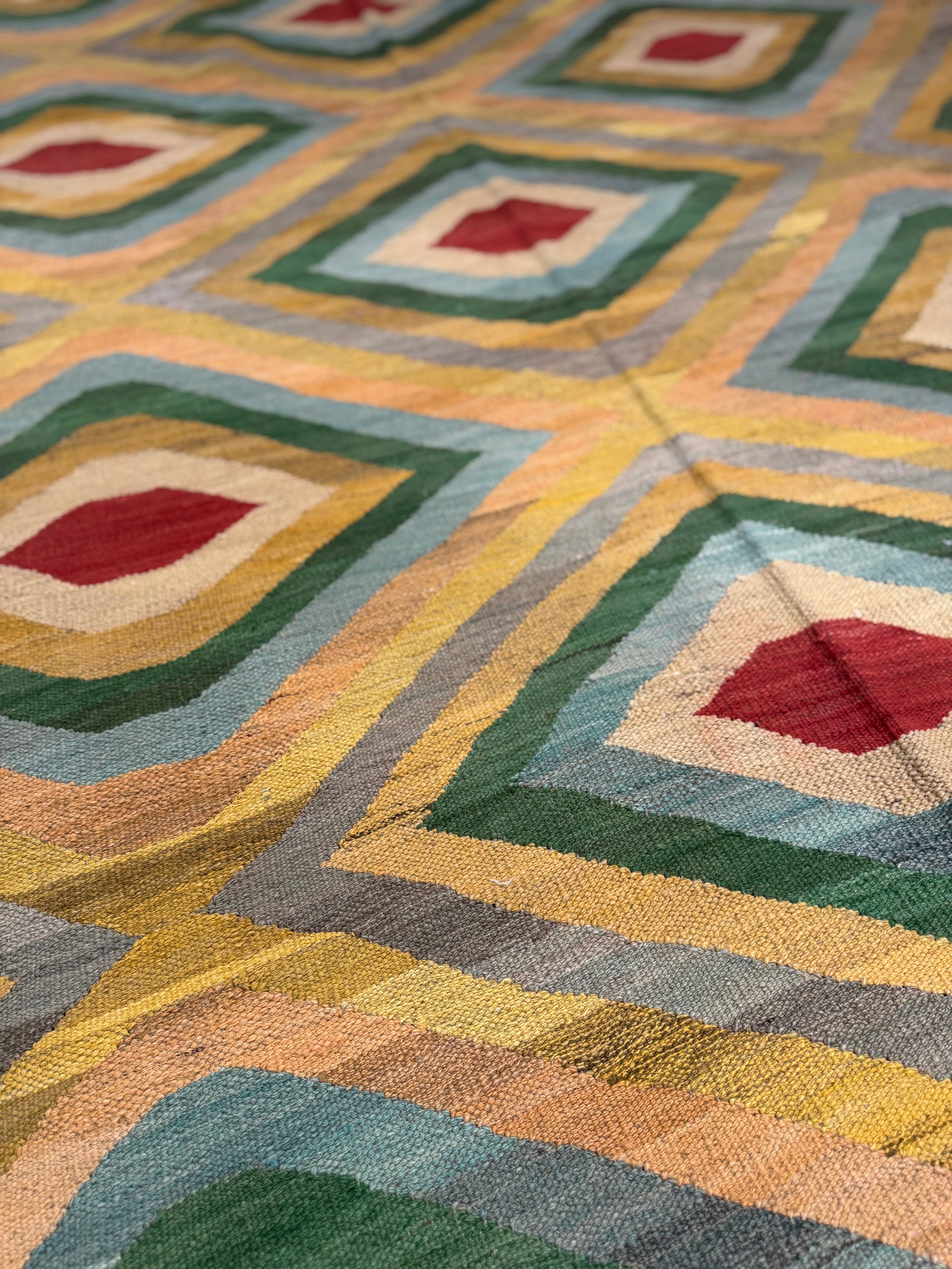 Geometric Green, Blue & Red Kilim Rug 9.5' x 6.5'