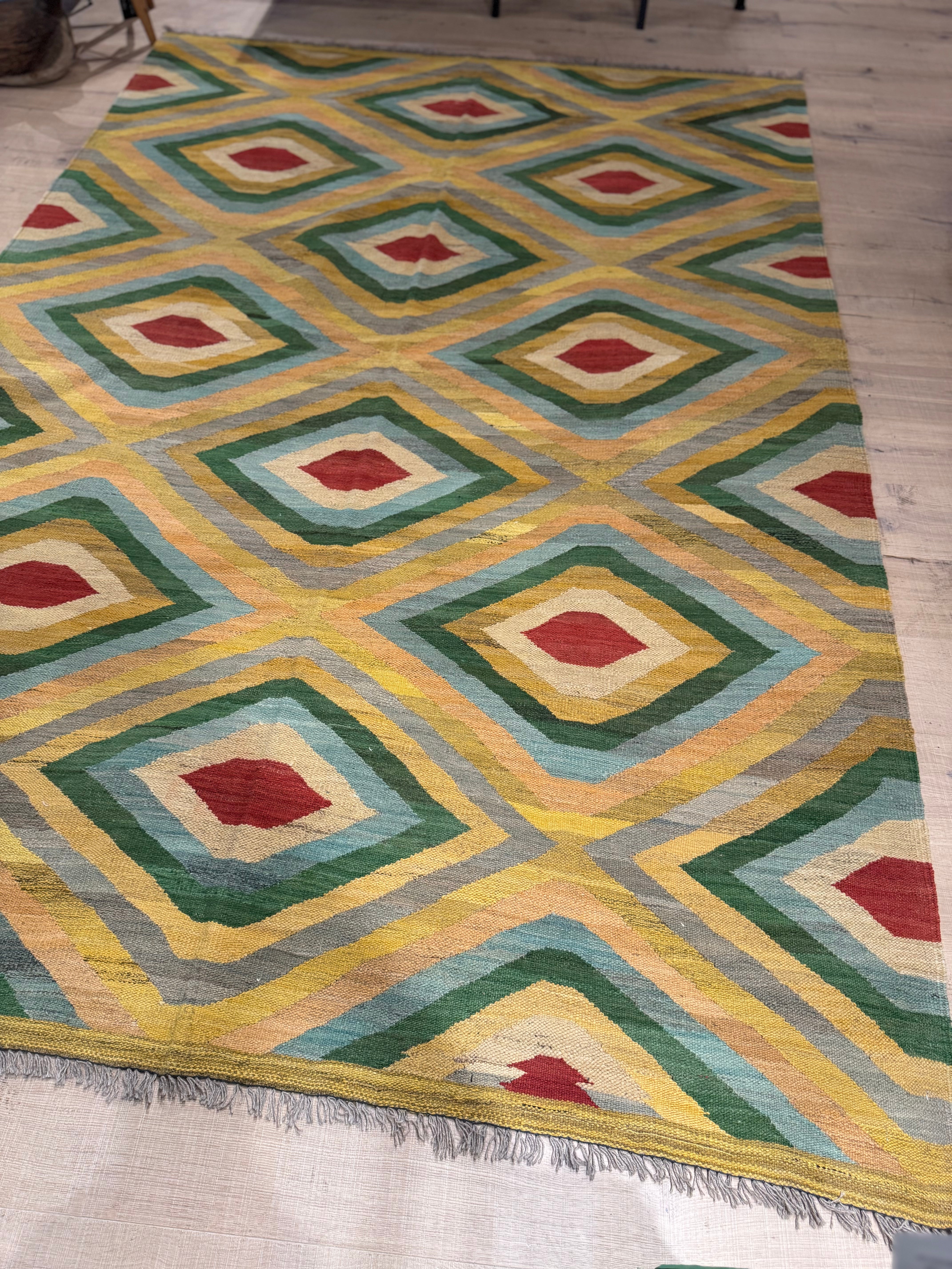 Geometric Green, Blue & Red Kilim Rug 9.5' x 6.5'