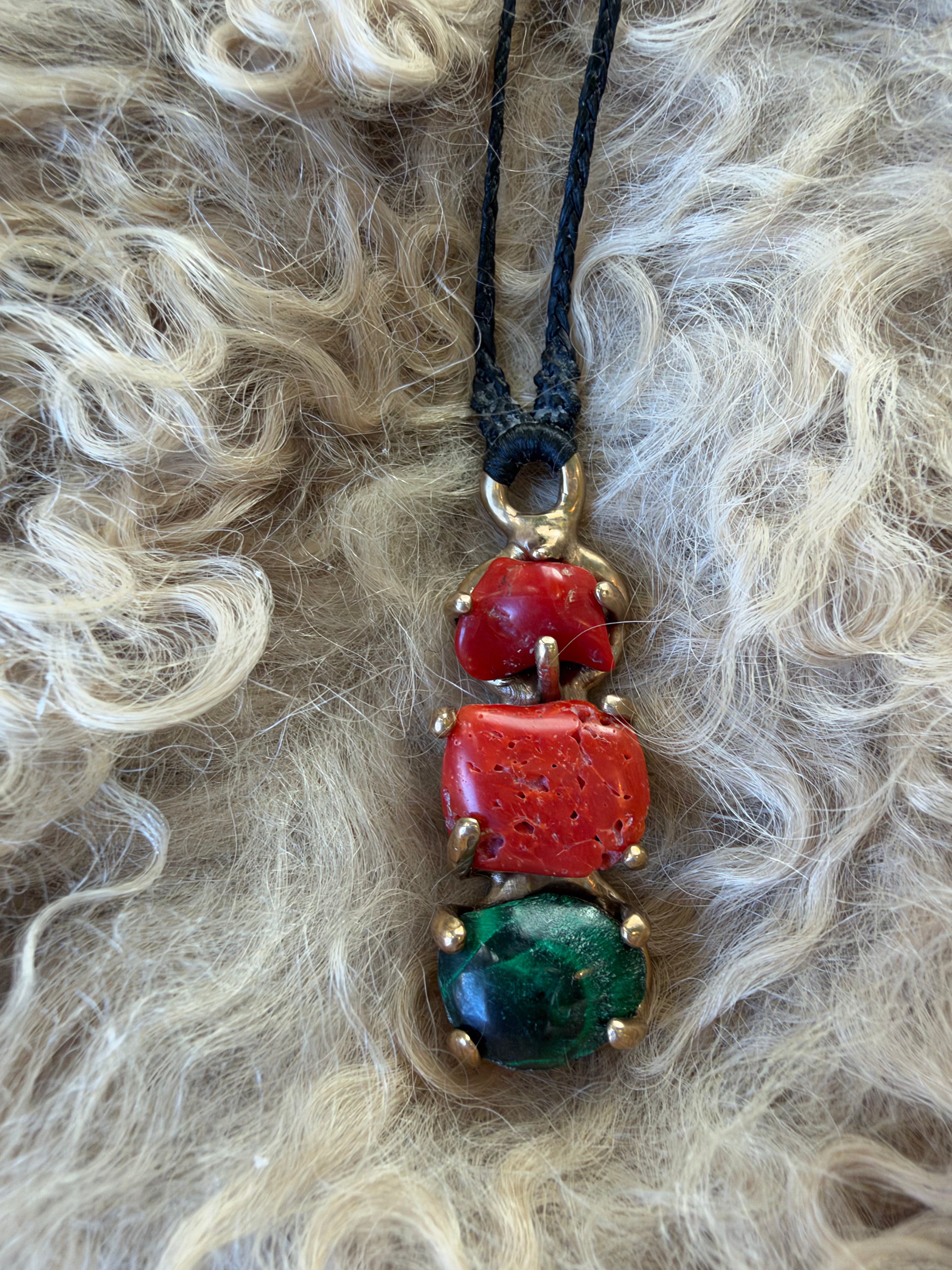2 Coral & Malachite Bronze Set Necklace by Carina Schott