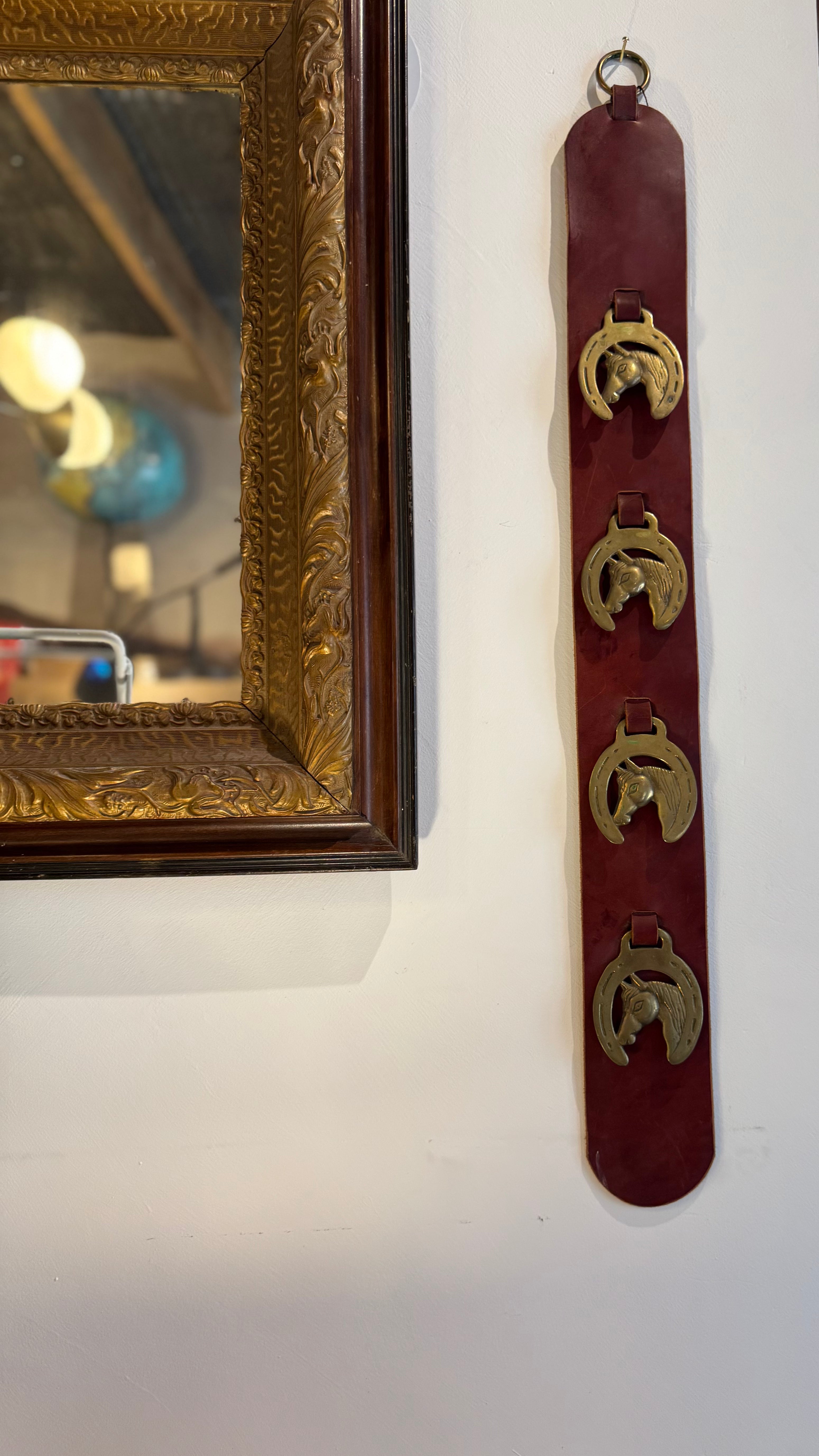 Vintage Brass Horse & Leather Wall Hanging