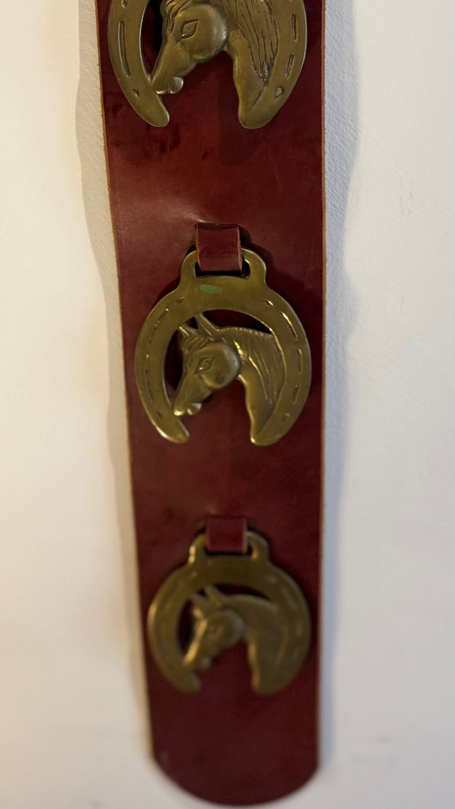 Vintage Brass Horse & Leather Wall Hanging