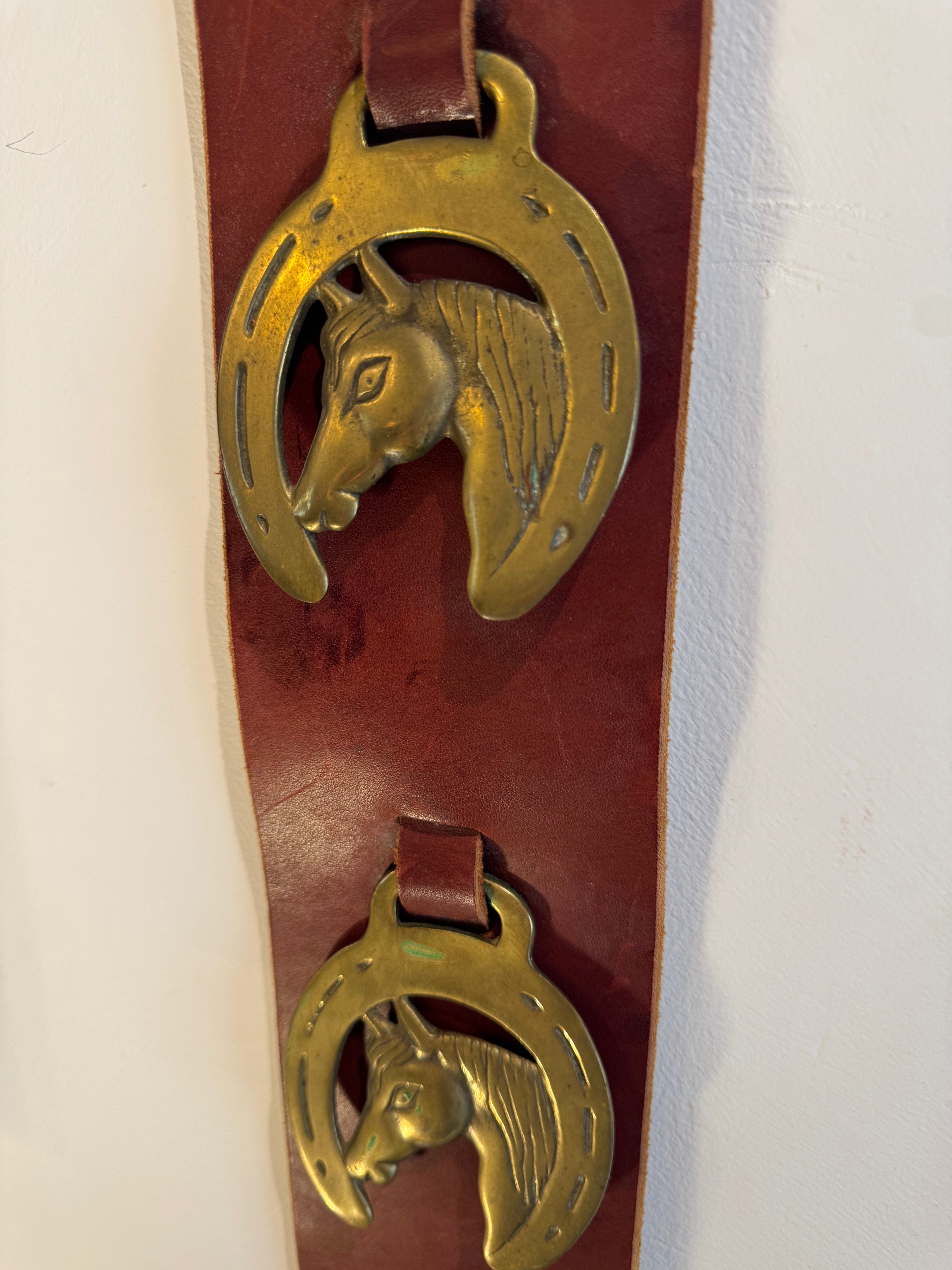 Vintage Brass Horse & Leather Wall Hanging