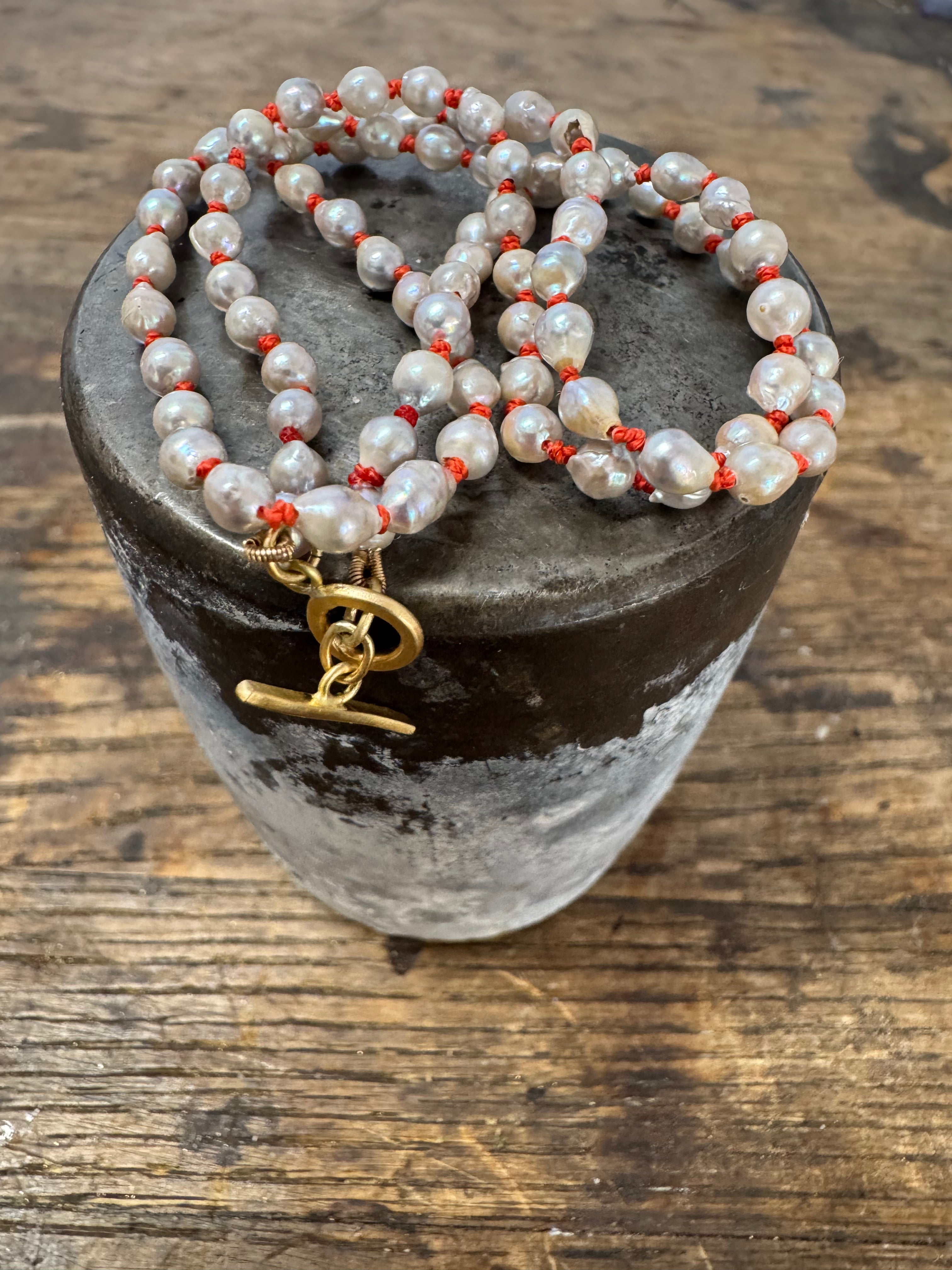 Akoya Grey Pearl + Coral Silk Necklace by Carla Morrison