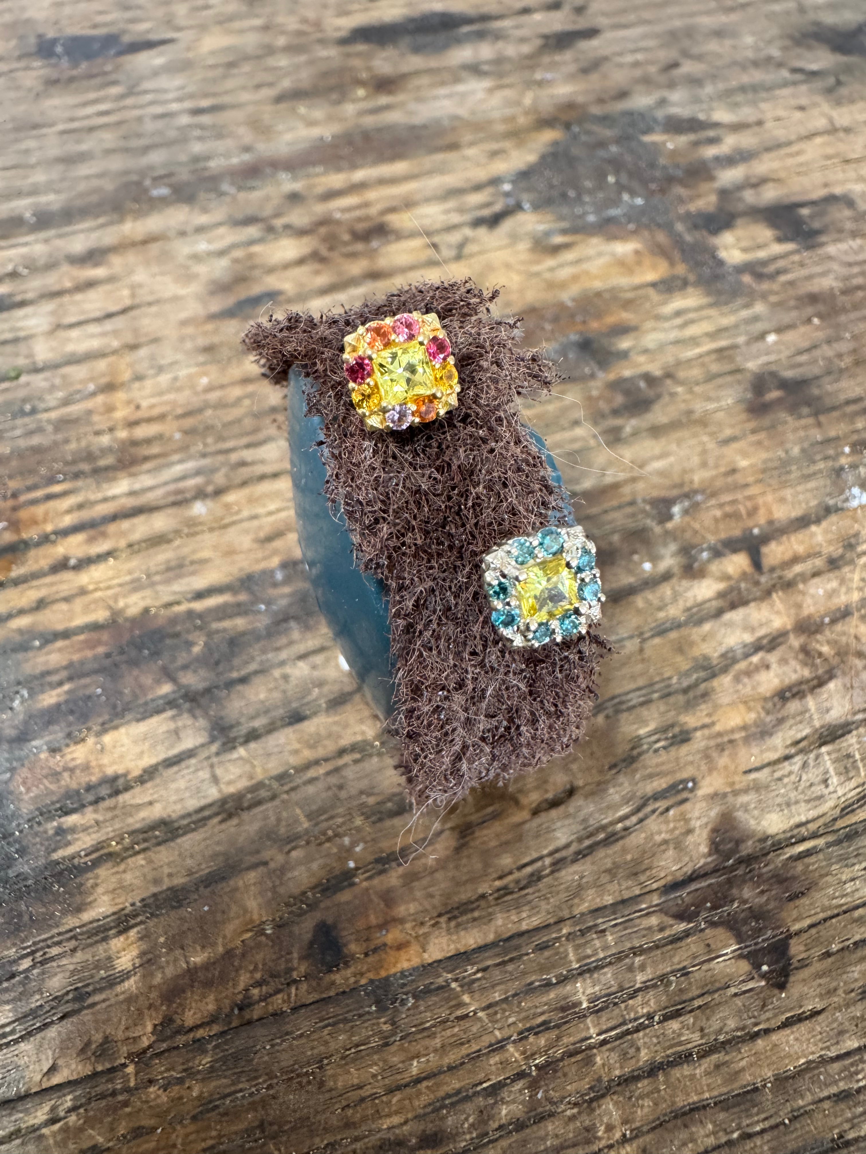 Princess Cut Yellow Sapphire + Salmon Mix Sapphire Halo by Carla Morrison