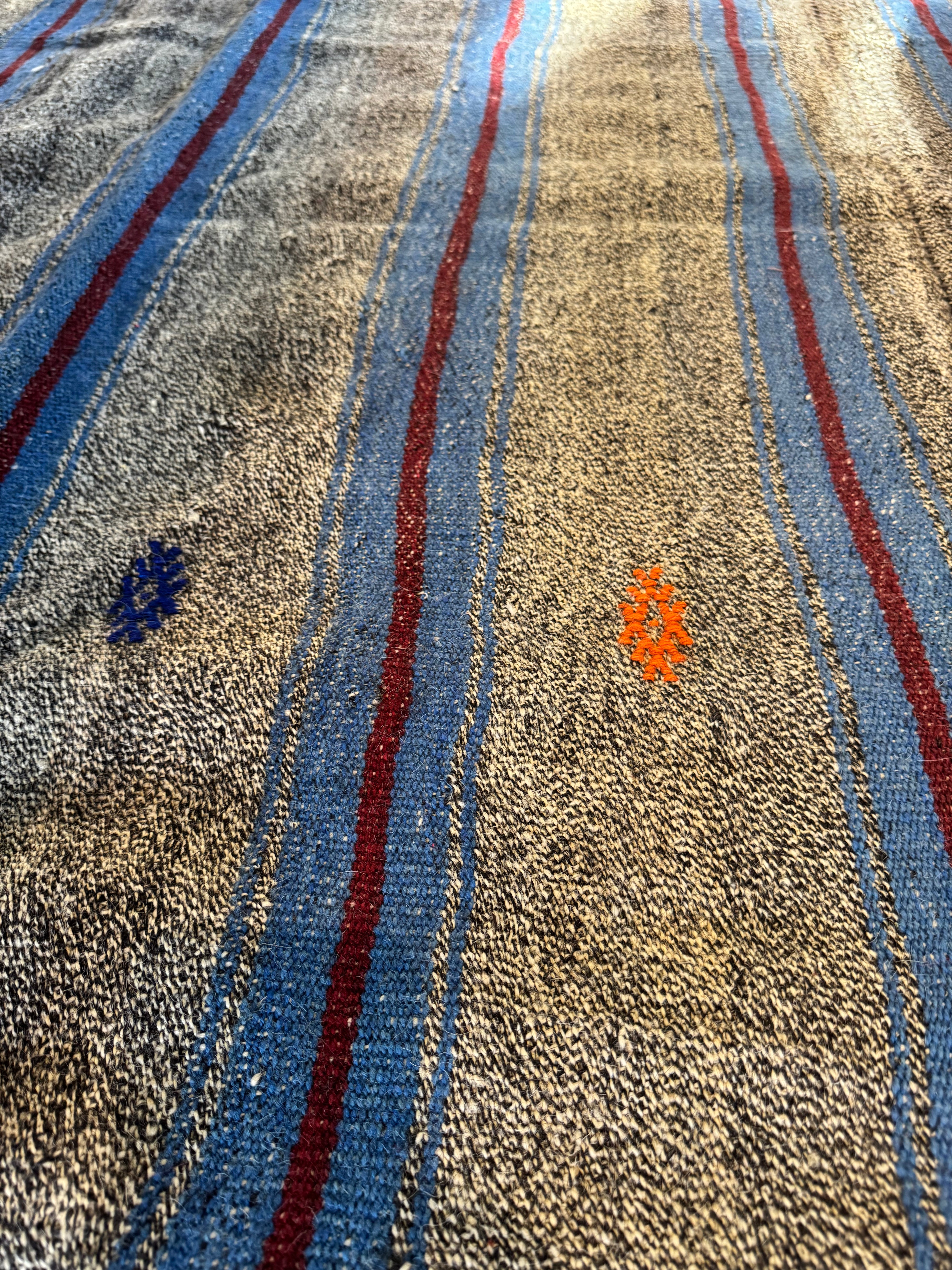 Turkish Kilim Blue + Maroon Stripe Rug 7'x10'