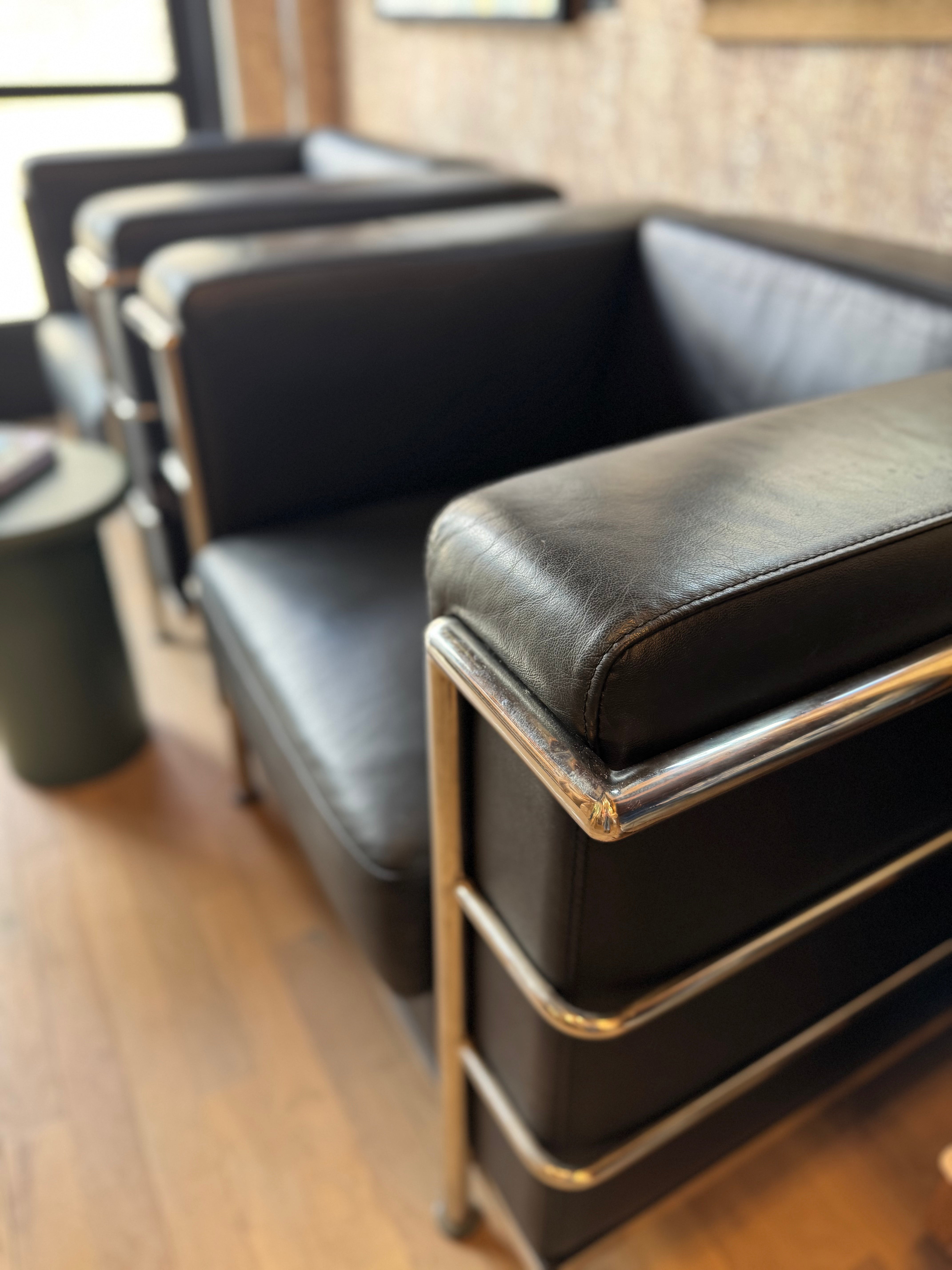 Leather + Chrome Lounge Chair in the Style of Corbusier