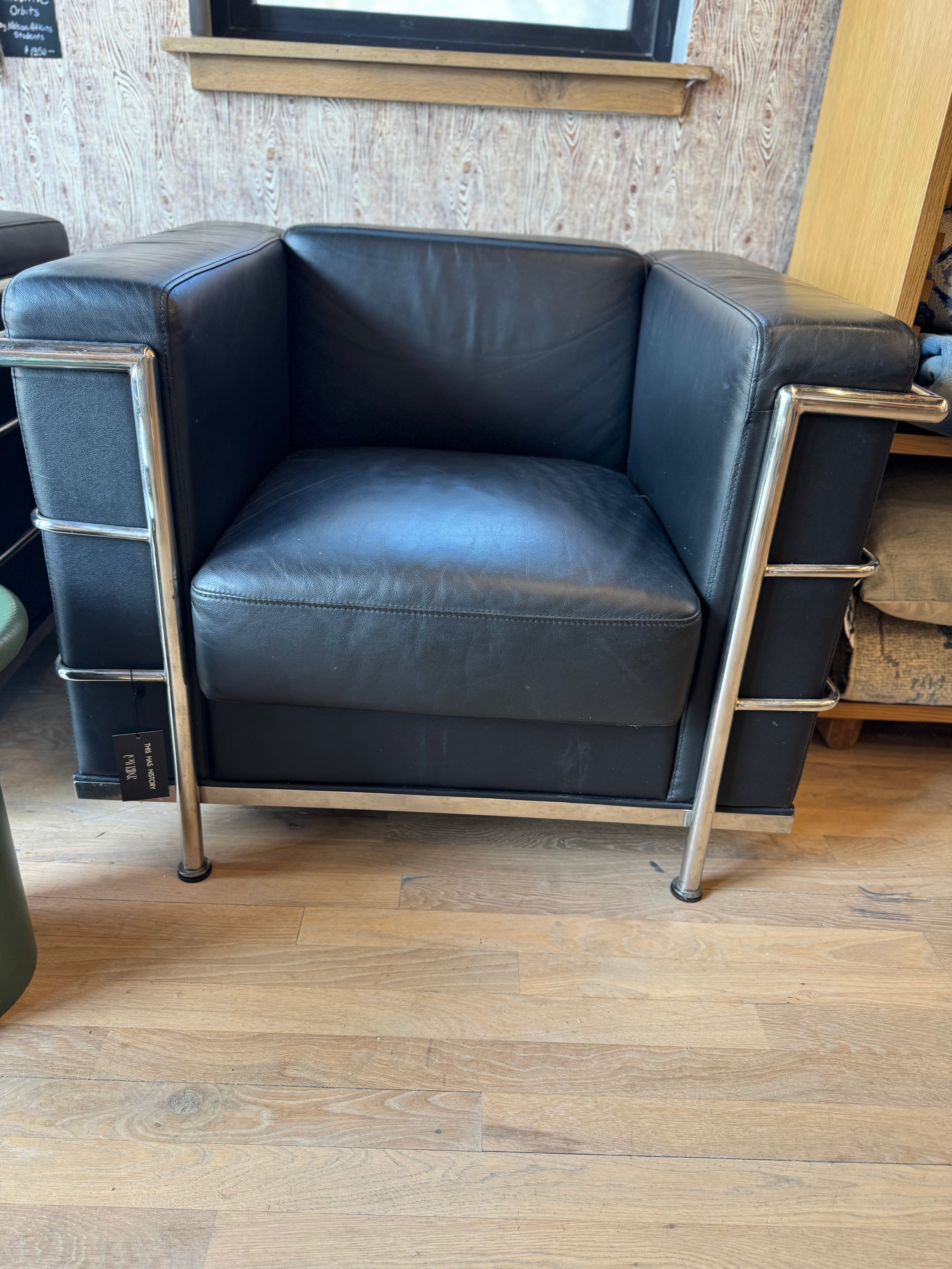Leather + Chrome Lounge Chair in the Style of Corbusier