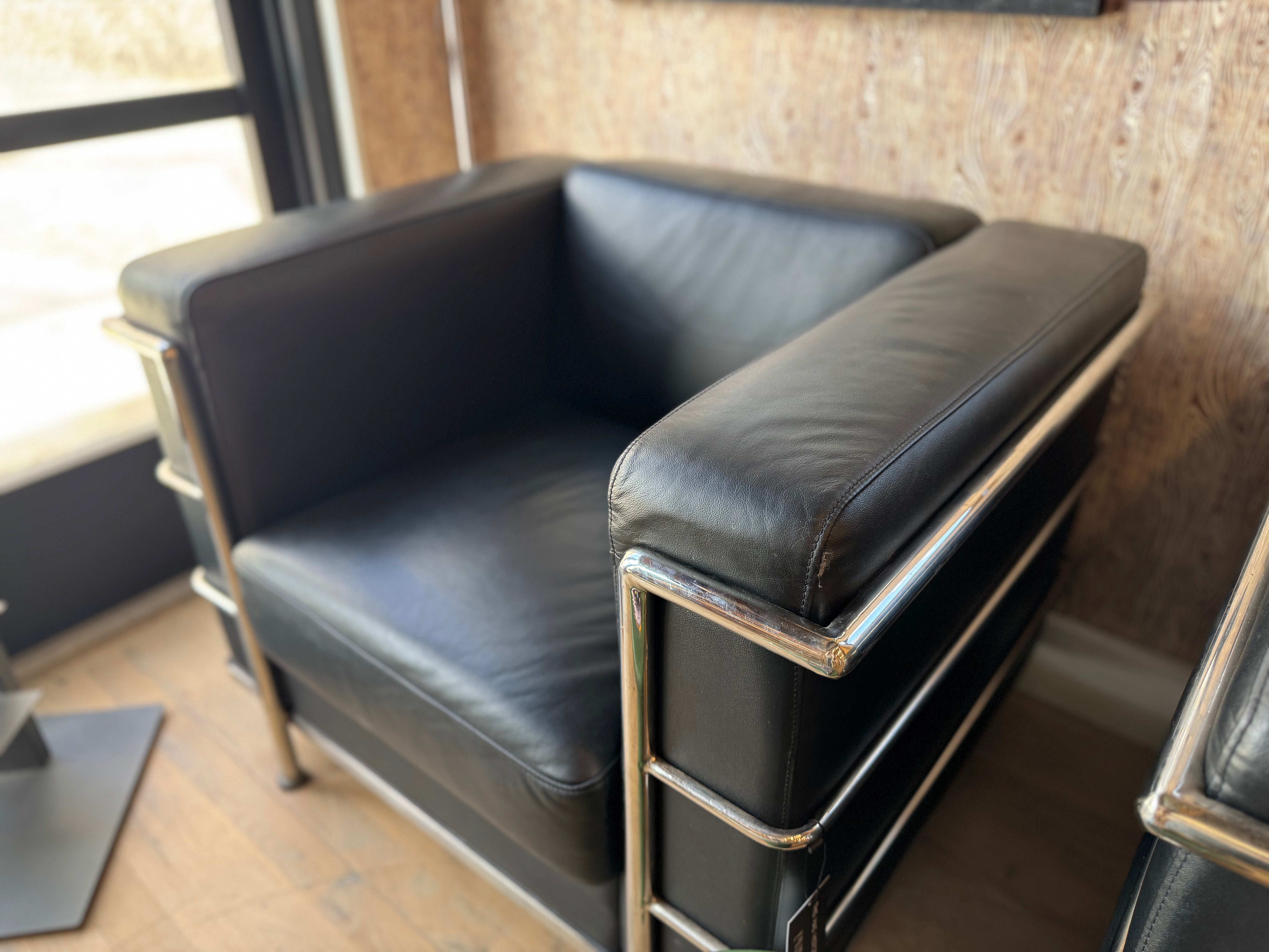 Leather + Chrome Lounge Chair in the Style of Corbusier