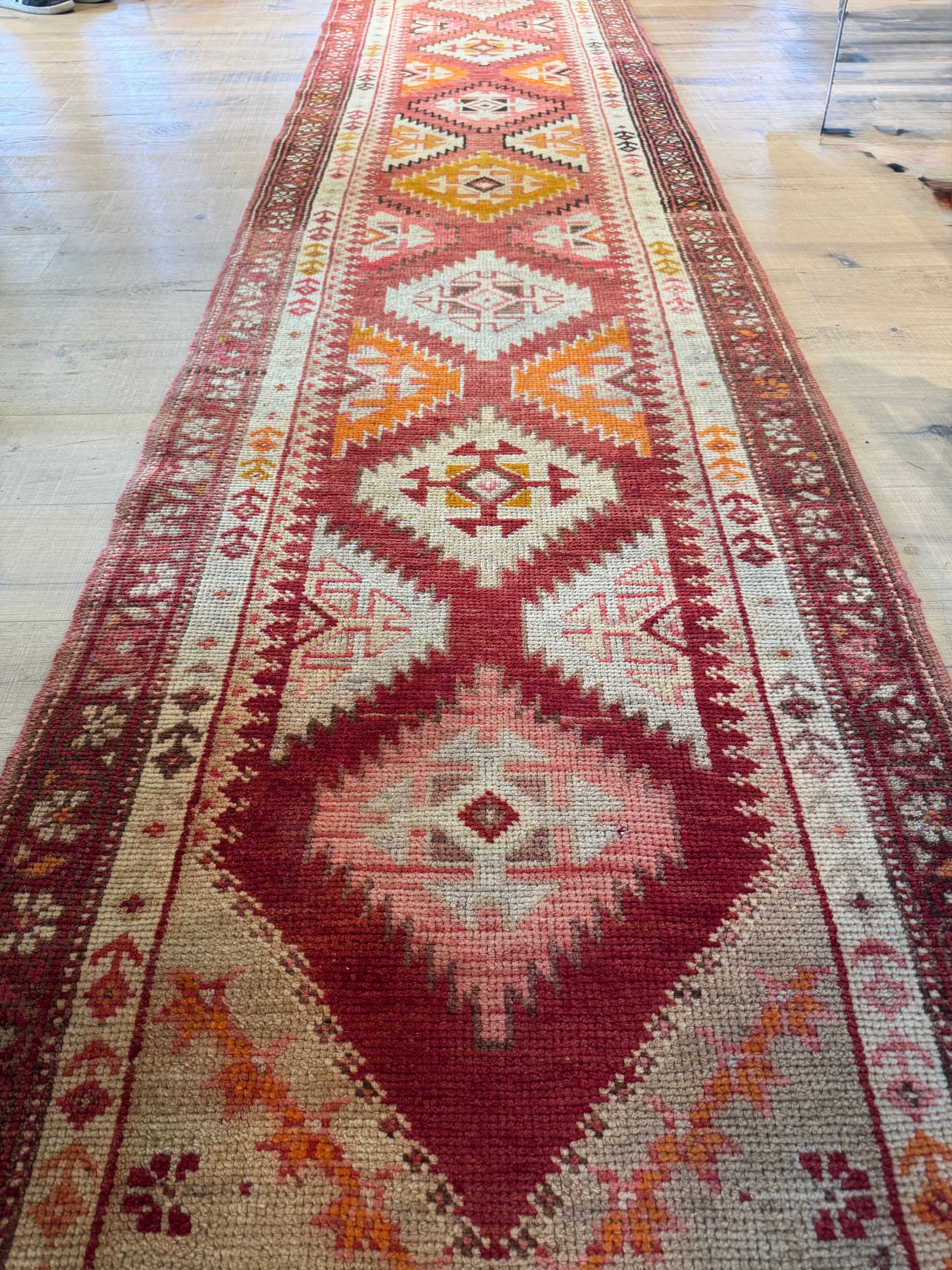 Orange, Light Blue & Pink Vintage Kurdish Runner