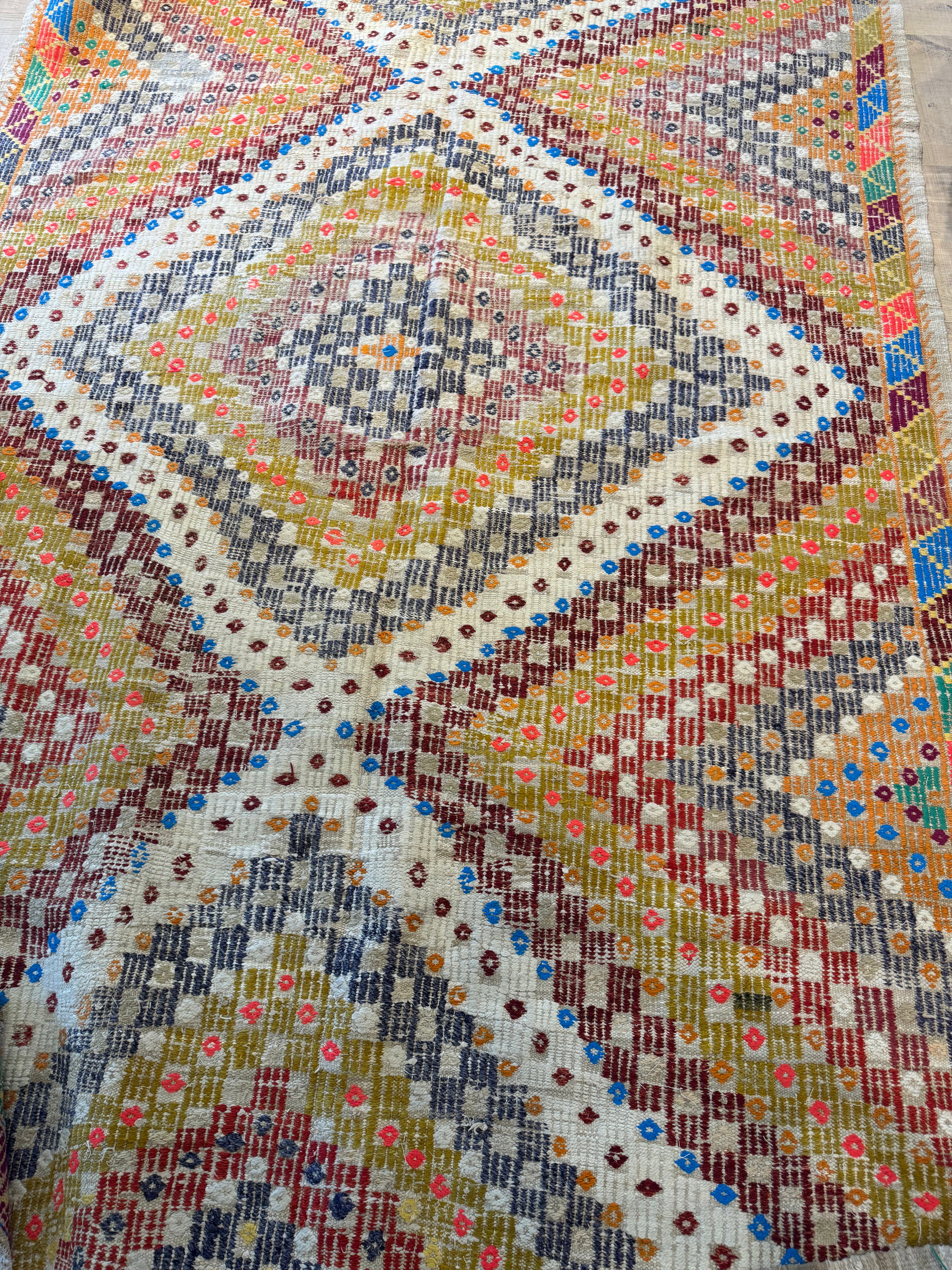 Checkered Diamond Embroidered Turkish Kilim 70"x114"