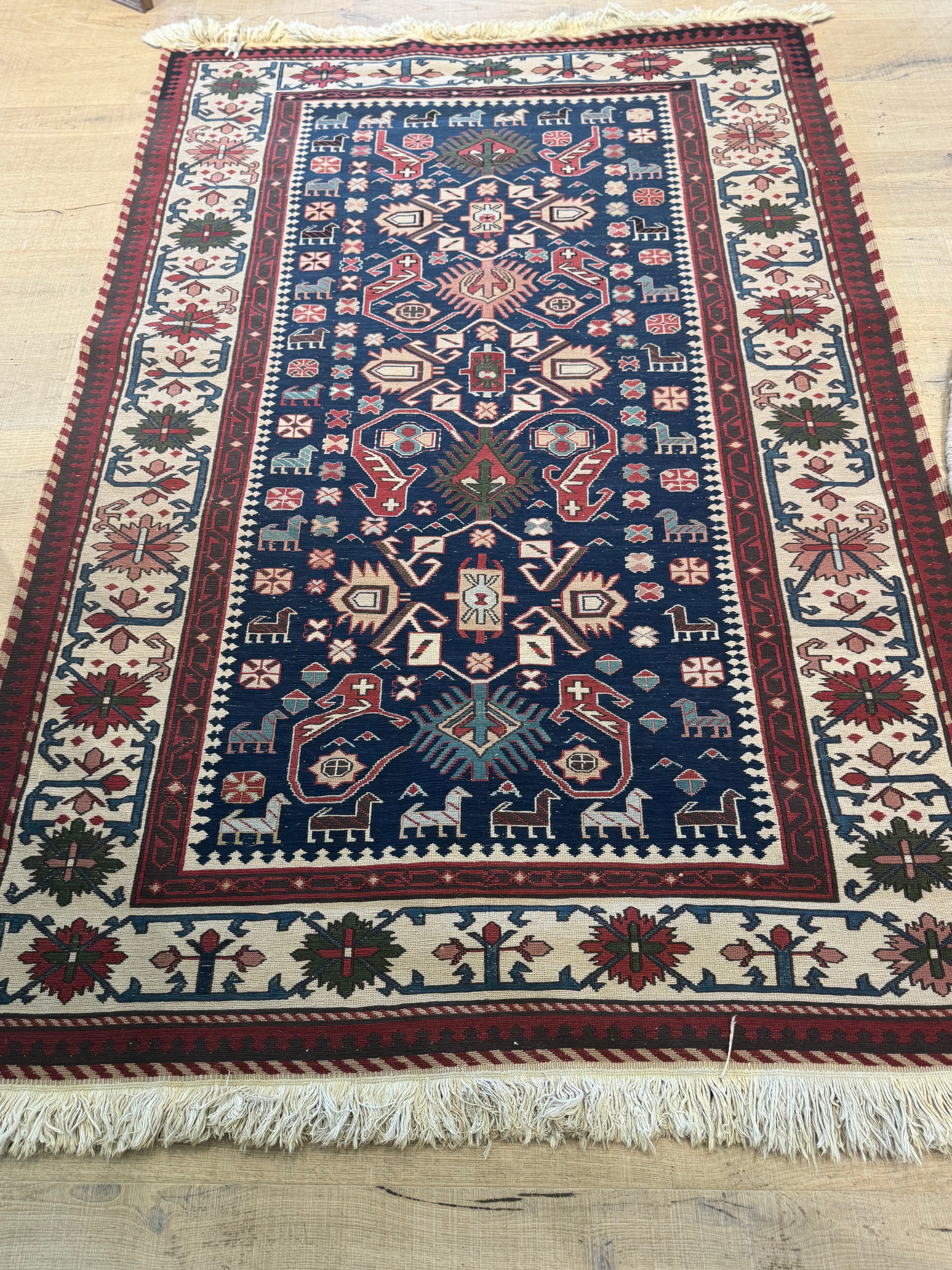 Olive Green, Cream & Blue Tribal Rug | 47"W x 6" L