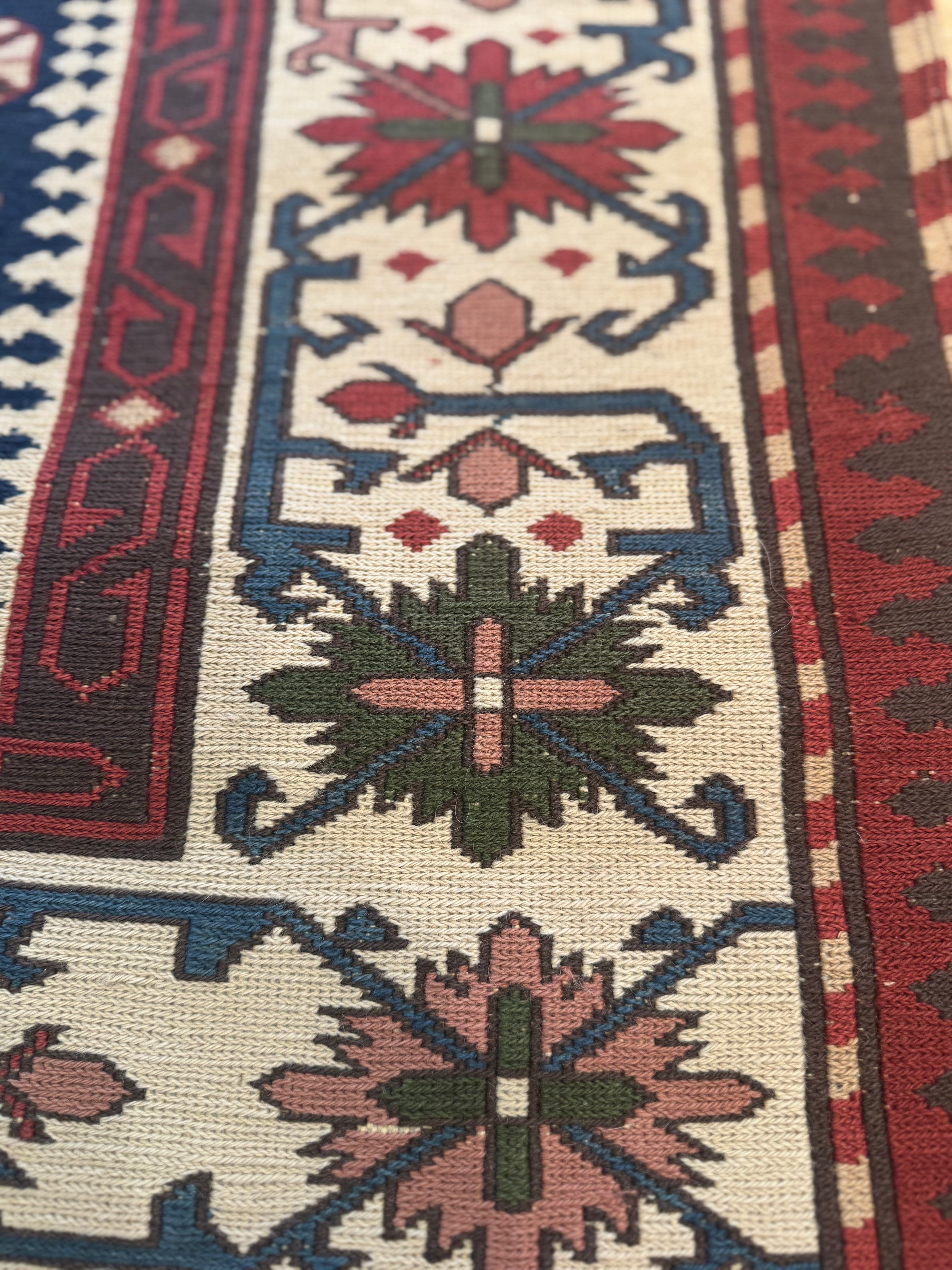 Olive Green, Cream & Blue Tribal Rug | 47"W x 6" L