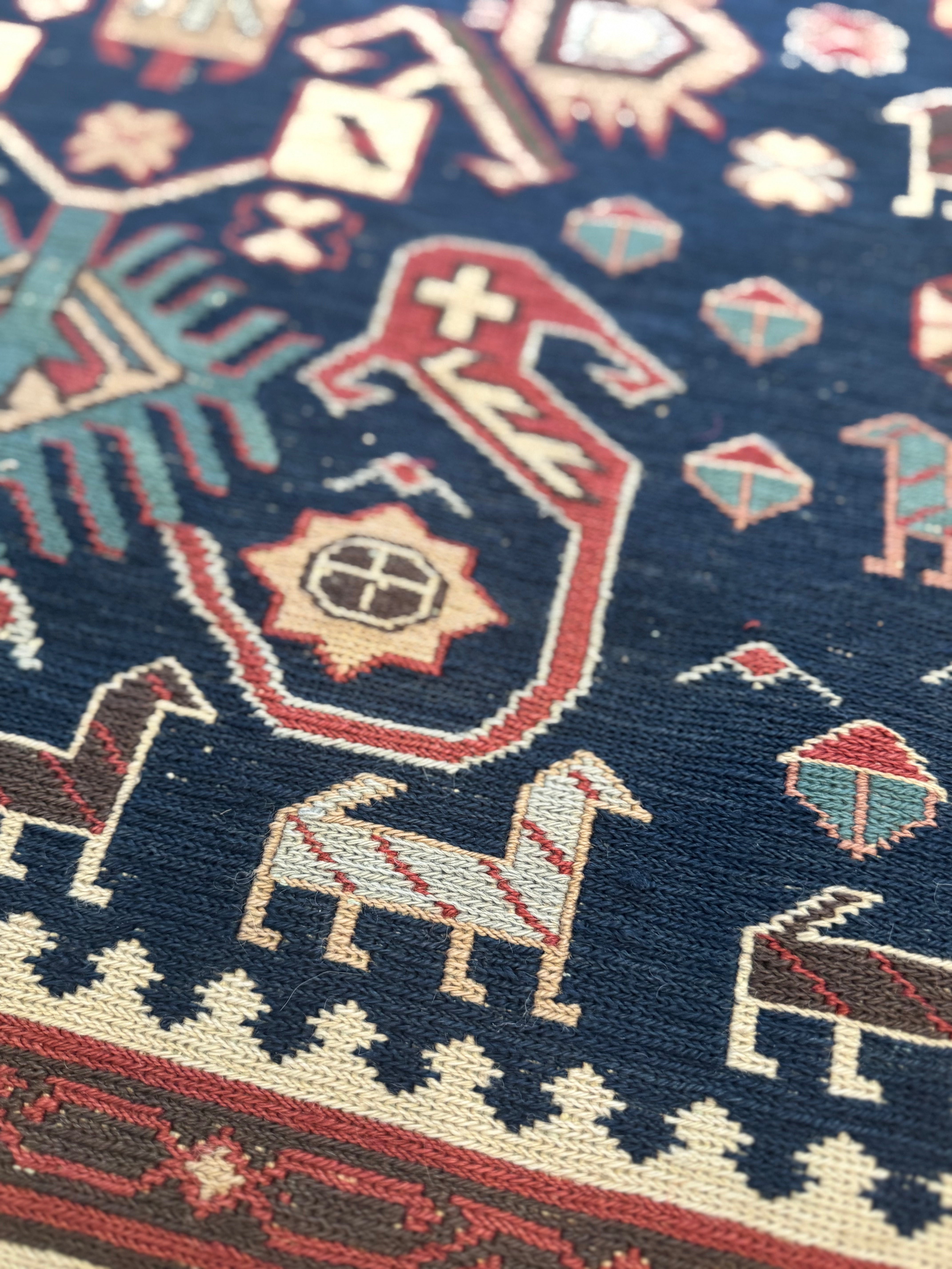 Olive Green, Cream & Blue Tribal Rug | 47"W x 6" L