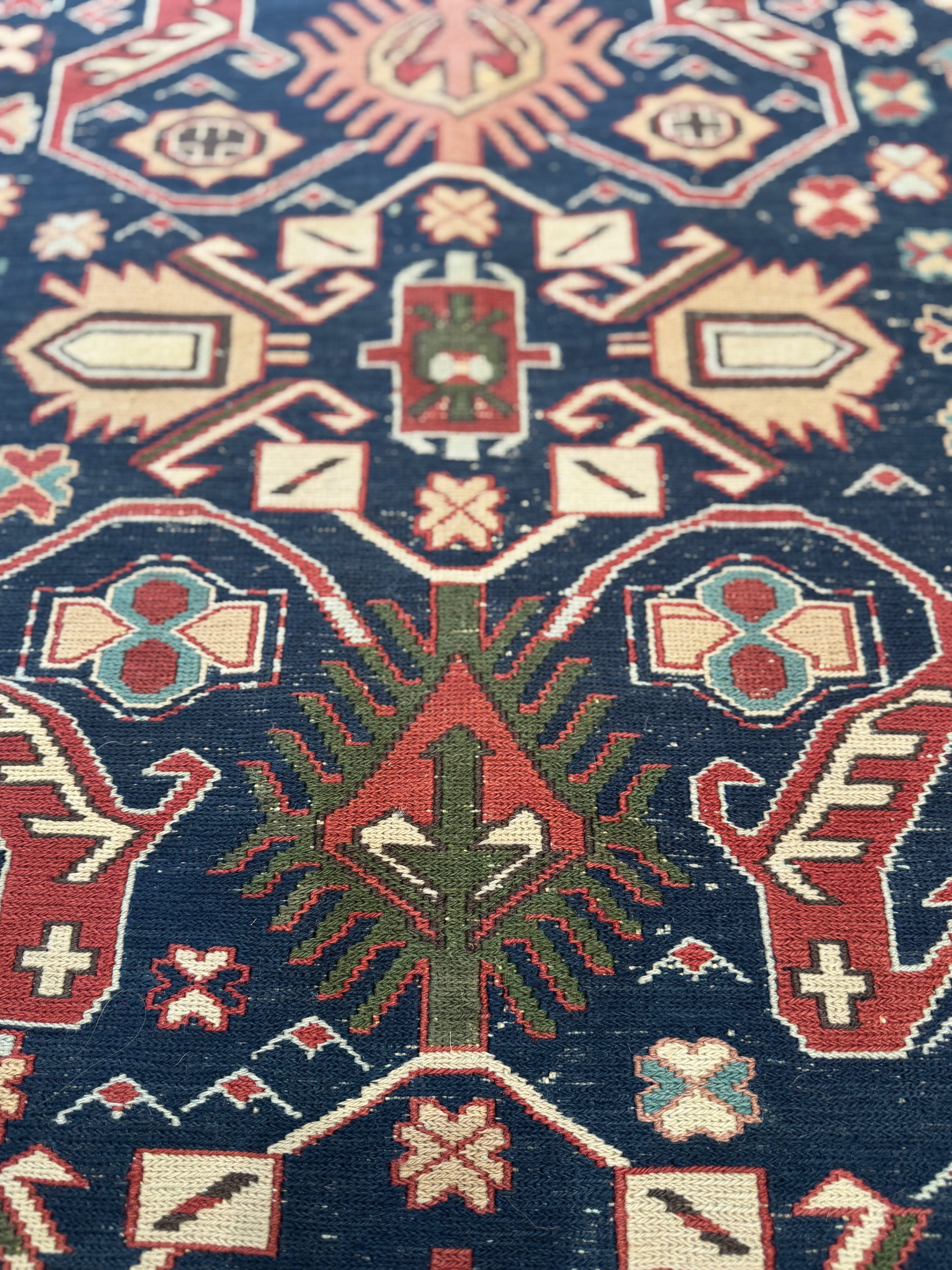 Olive Green, Cream & Blue Tribal Rug | 47"W x 6" L