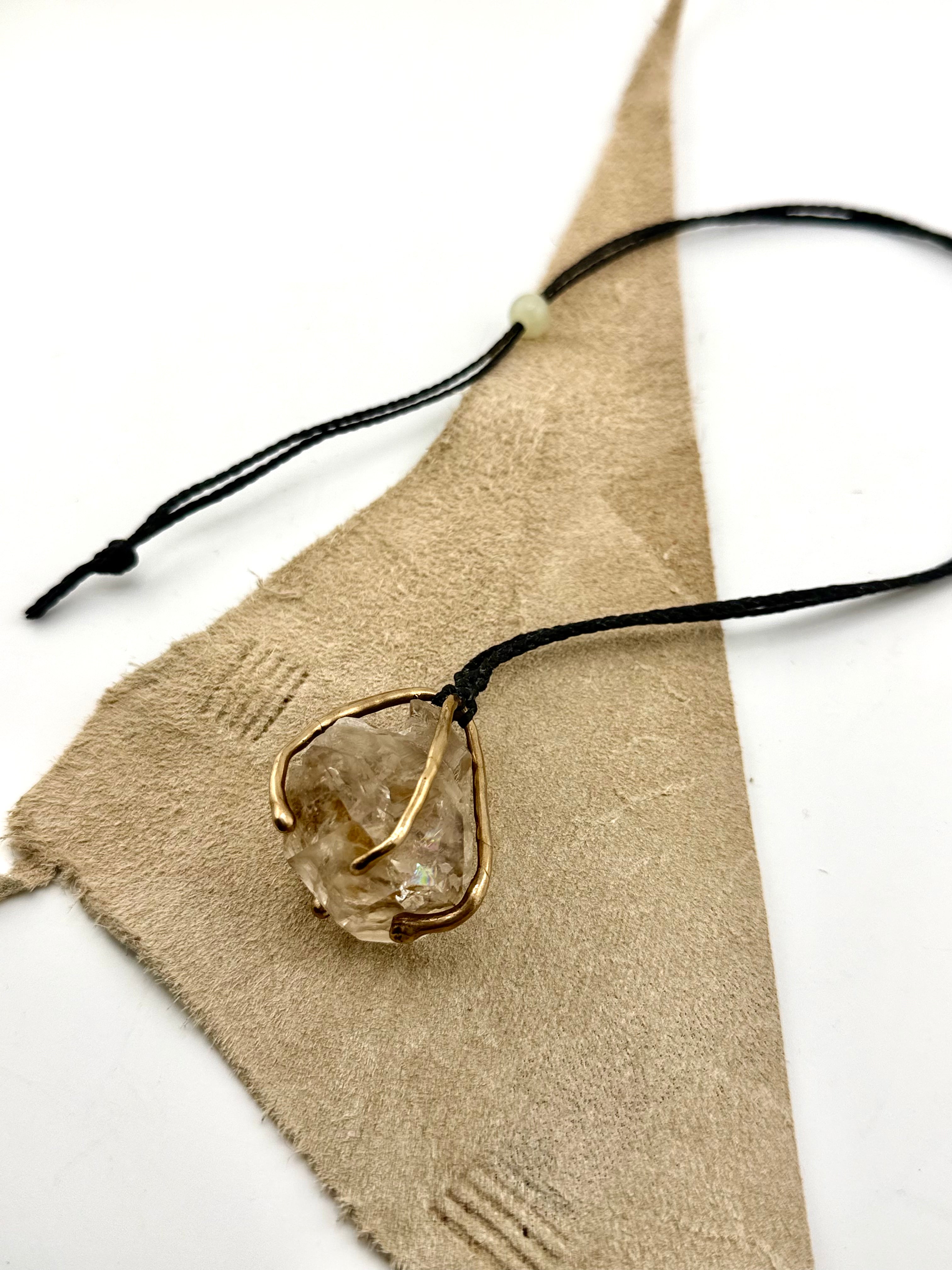 Large Bronze Cage Double Terminated Natural Elestial Quartz Necklace by Carina Schott