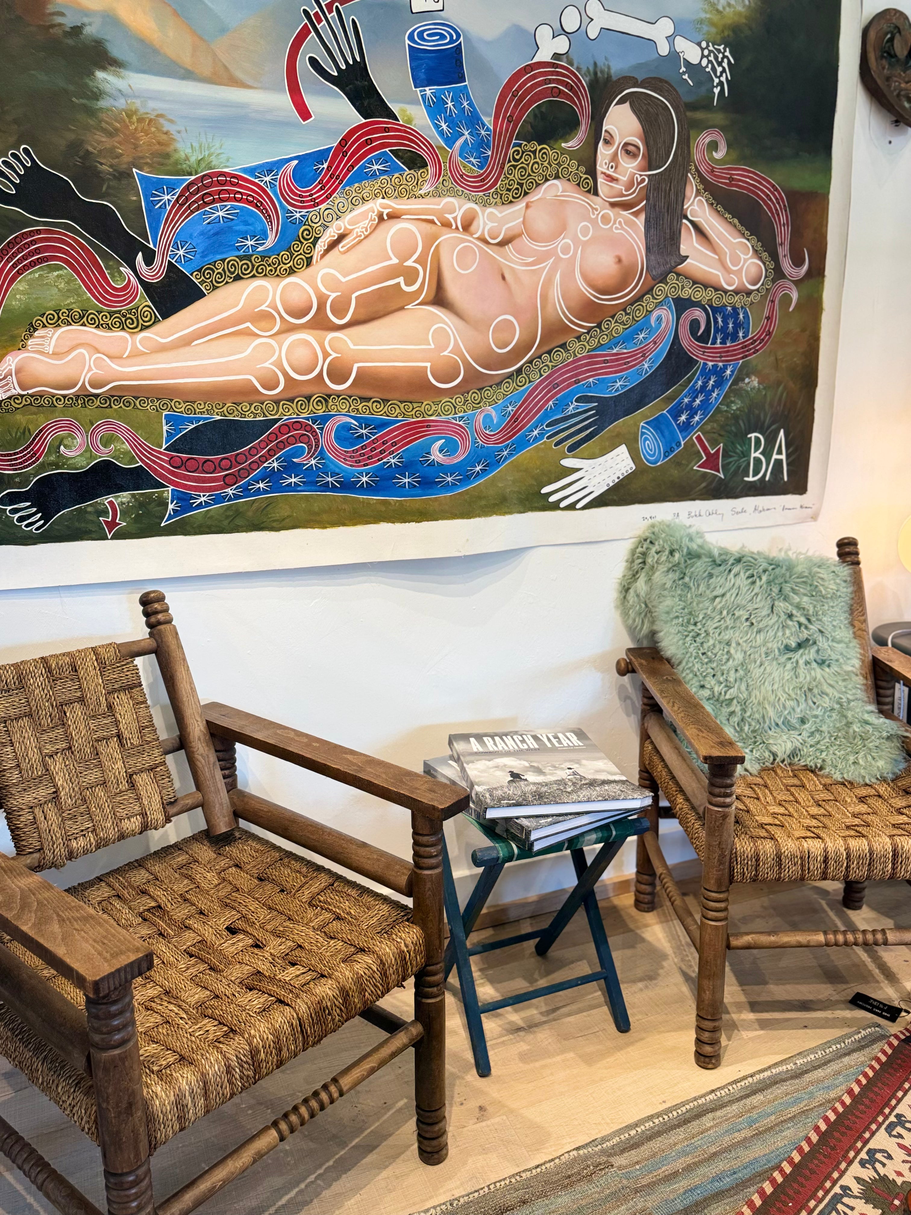 MCM Pair of Rush Oak Arm Chair In the Style of Charles Dudouyt