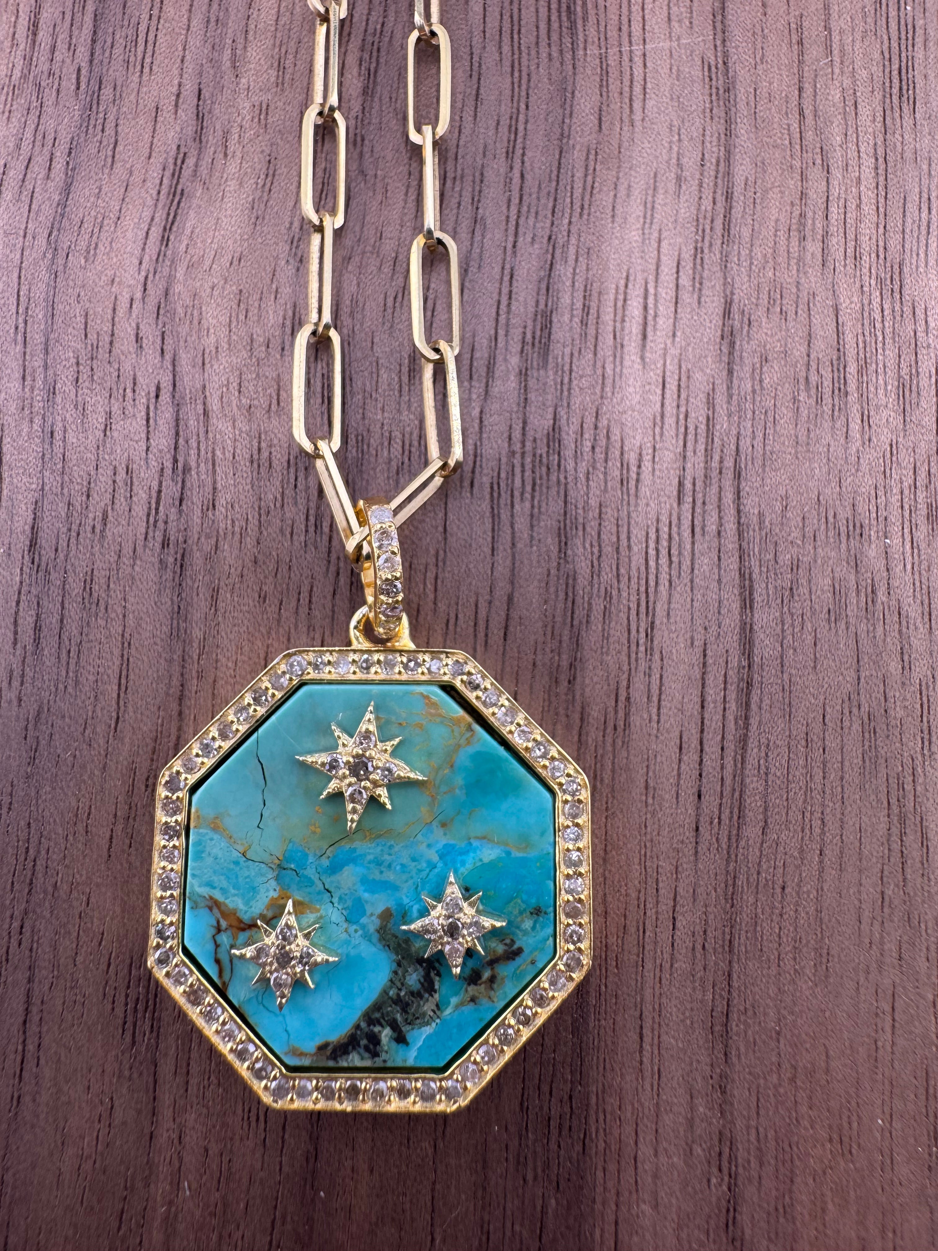 Kingman Turquoise w/ 3 Star Pave Diamond Pendant