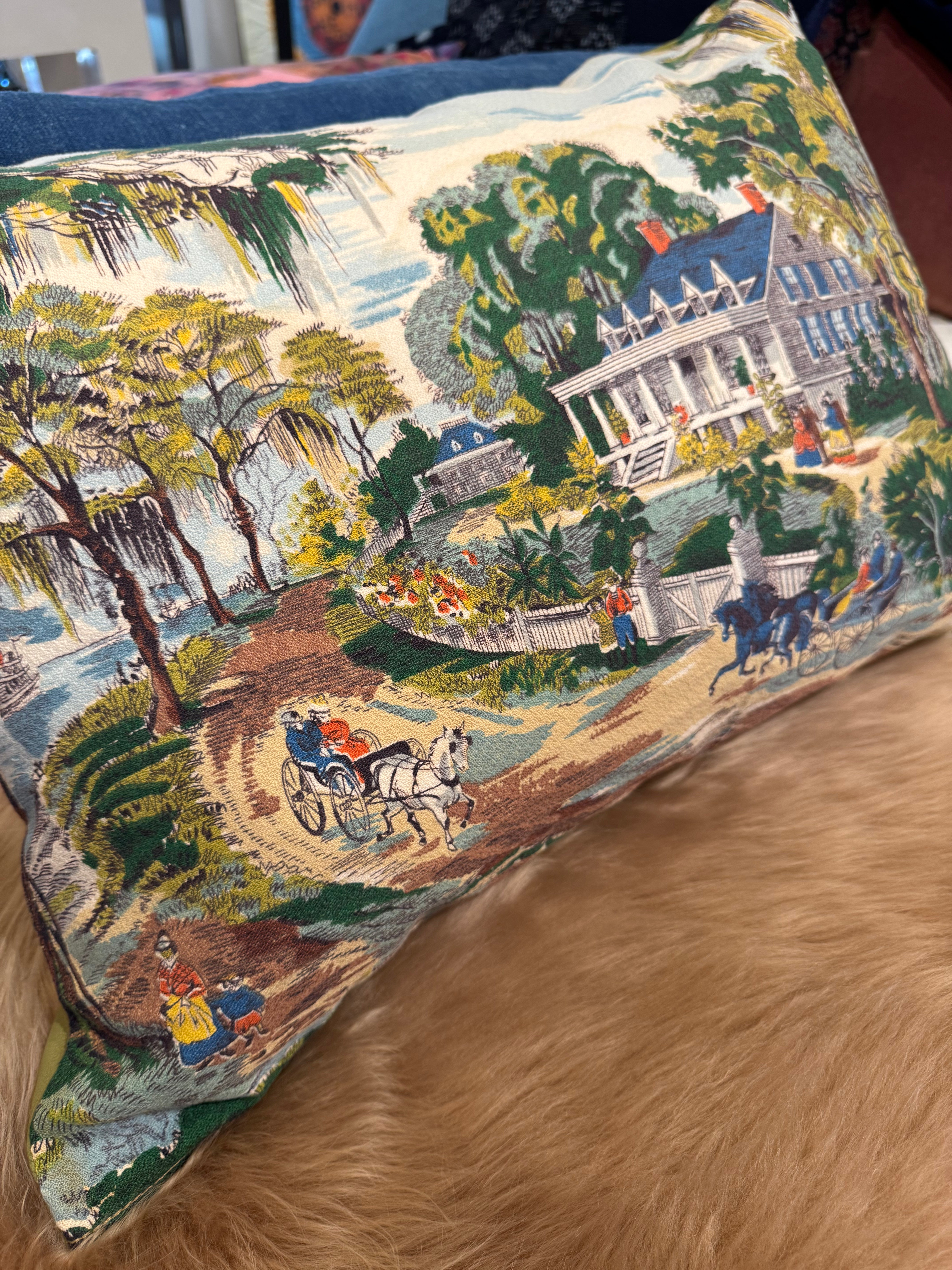 Barkcloth Southern Scene Pillow w/Down Insert