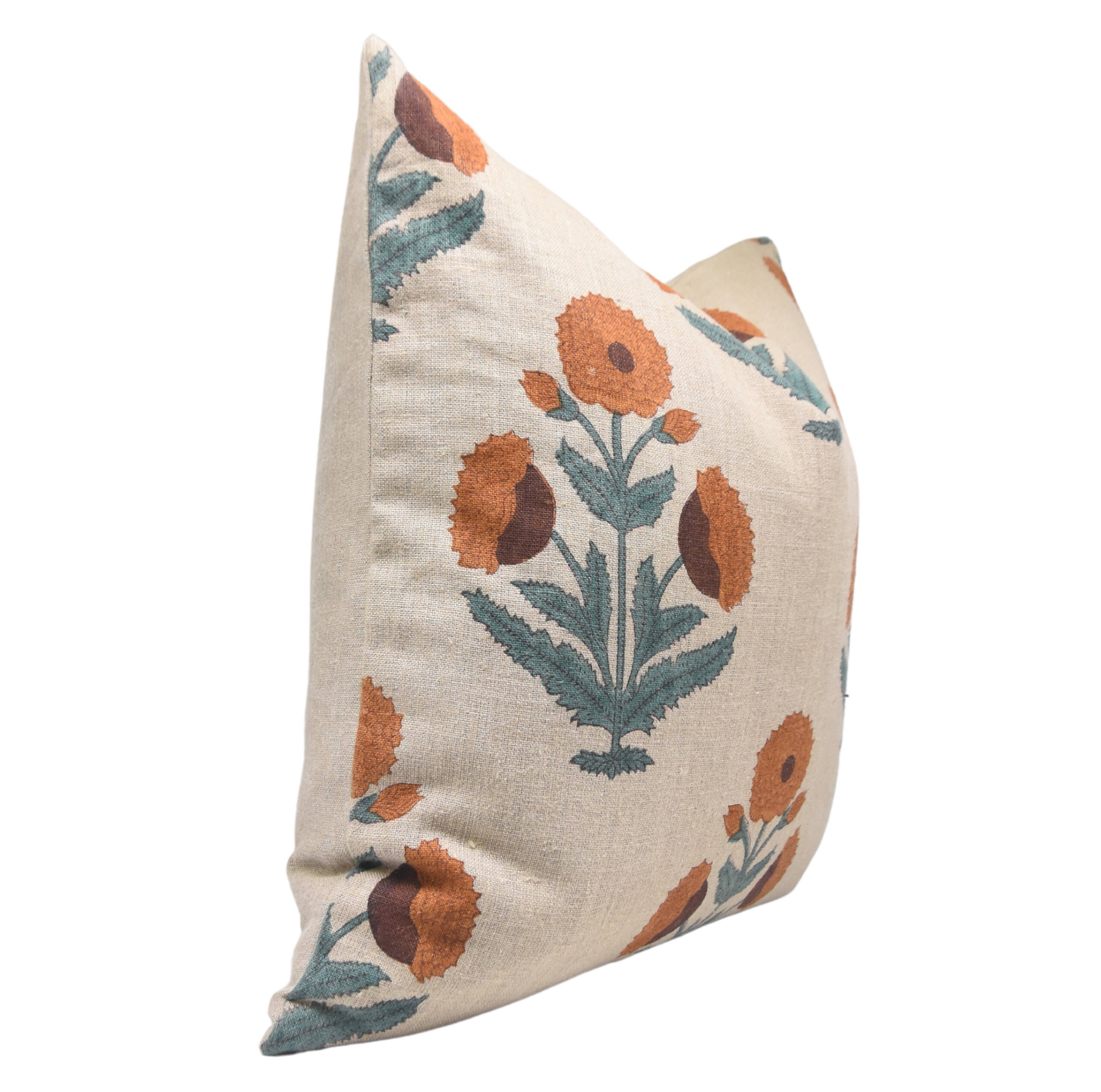 Orange Badshah Block Print Linen Pillow | 16x16