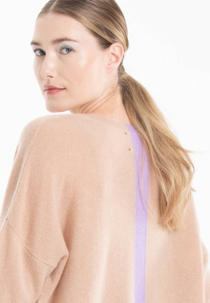 Cashmere V-neck Camel + Purple Stripe Sweater