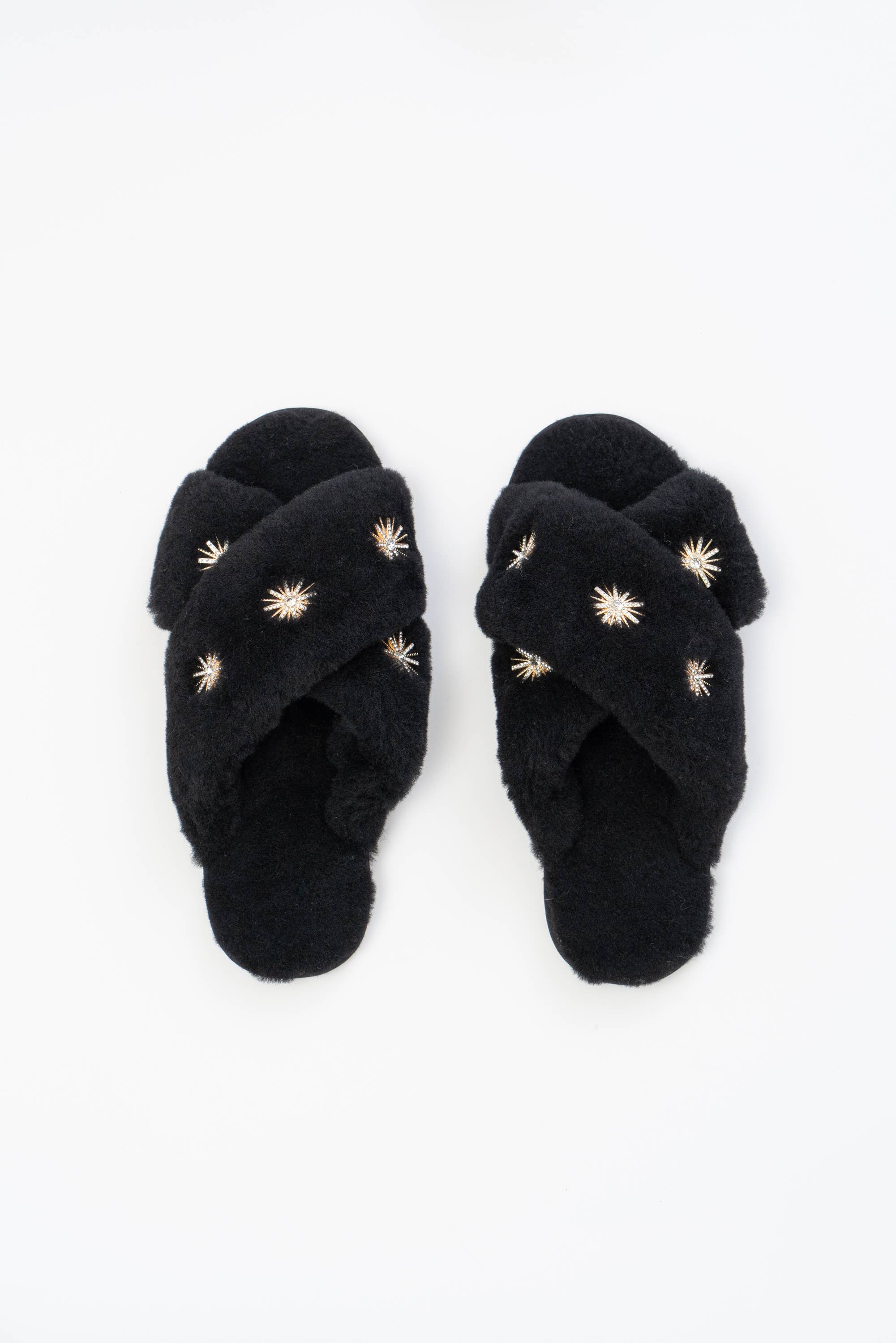 Sheepskin Slippers Black + Rhinestone