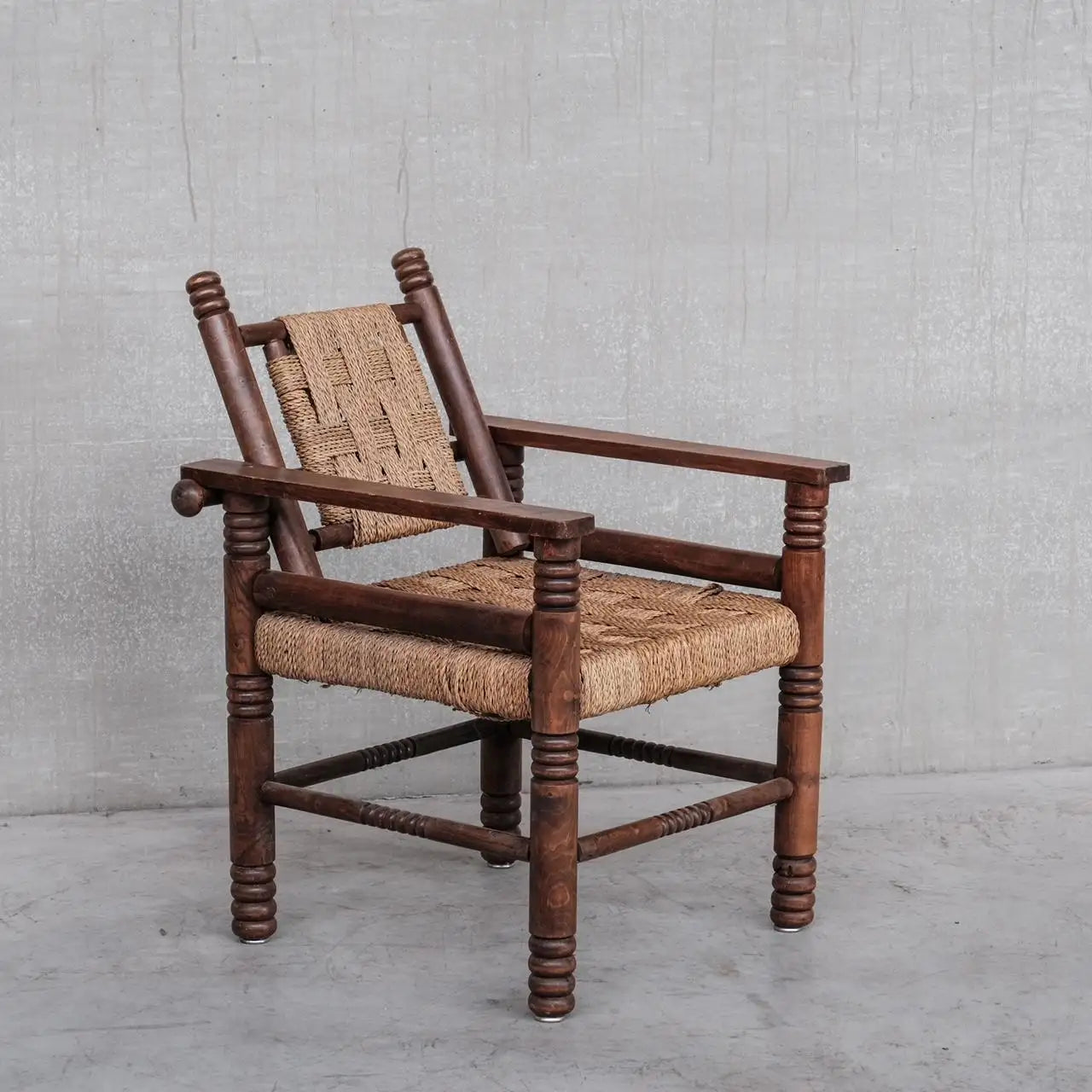 MCM Pair of Rush Oak Arm Chair In the Style of Charles Dudouyt