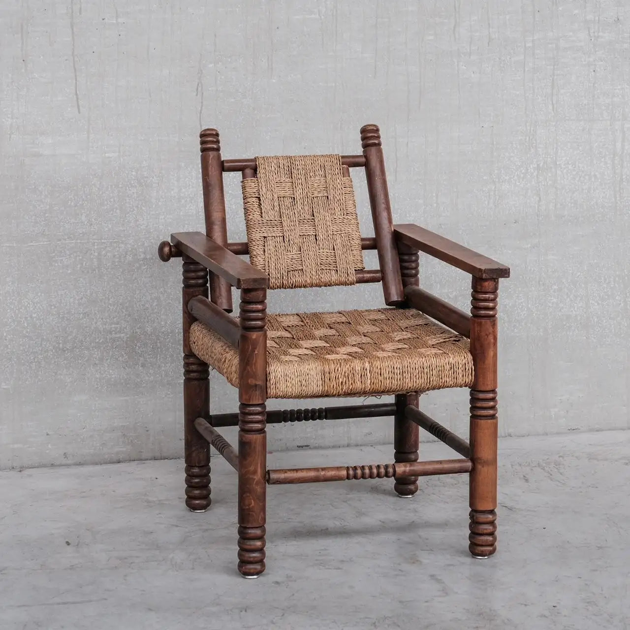 MCM Pair of Rush Oak Arm Chair In the Style of Charles Dudouyt