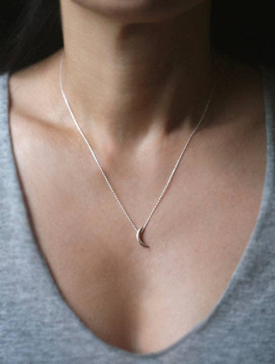 Crescent Moon Necklace in 14K Gold & Silver + Diamond