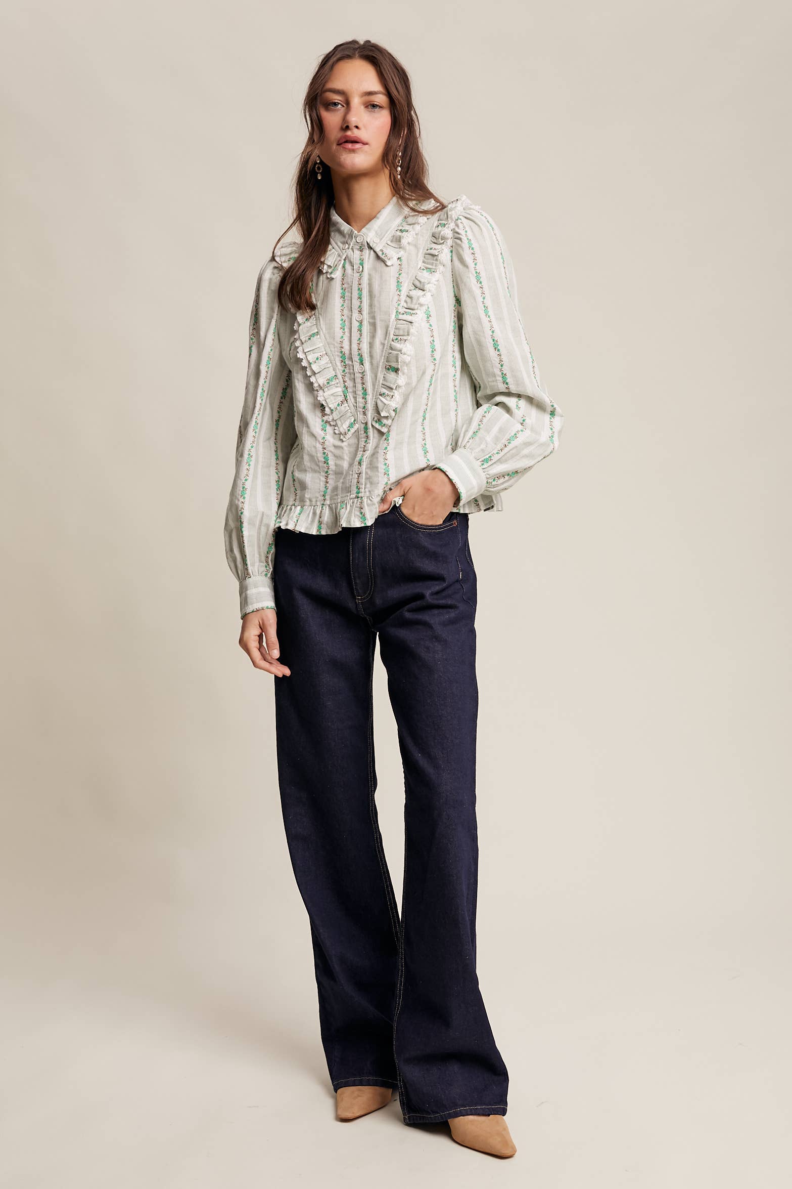 Green Flower Ruffle Embroidered Blouse