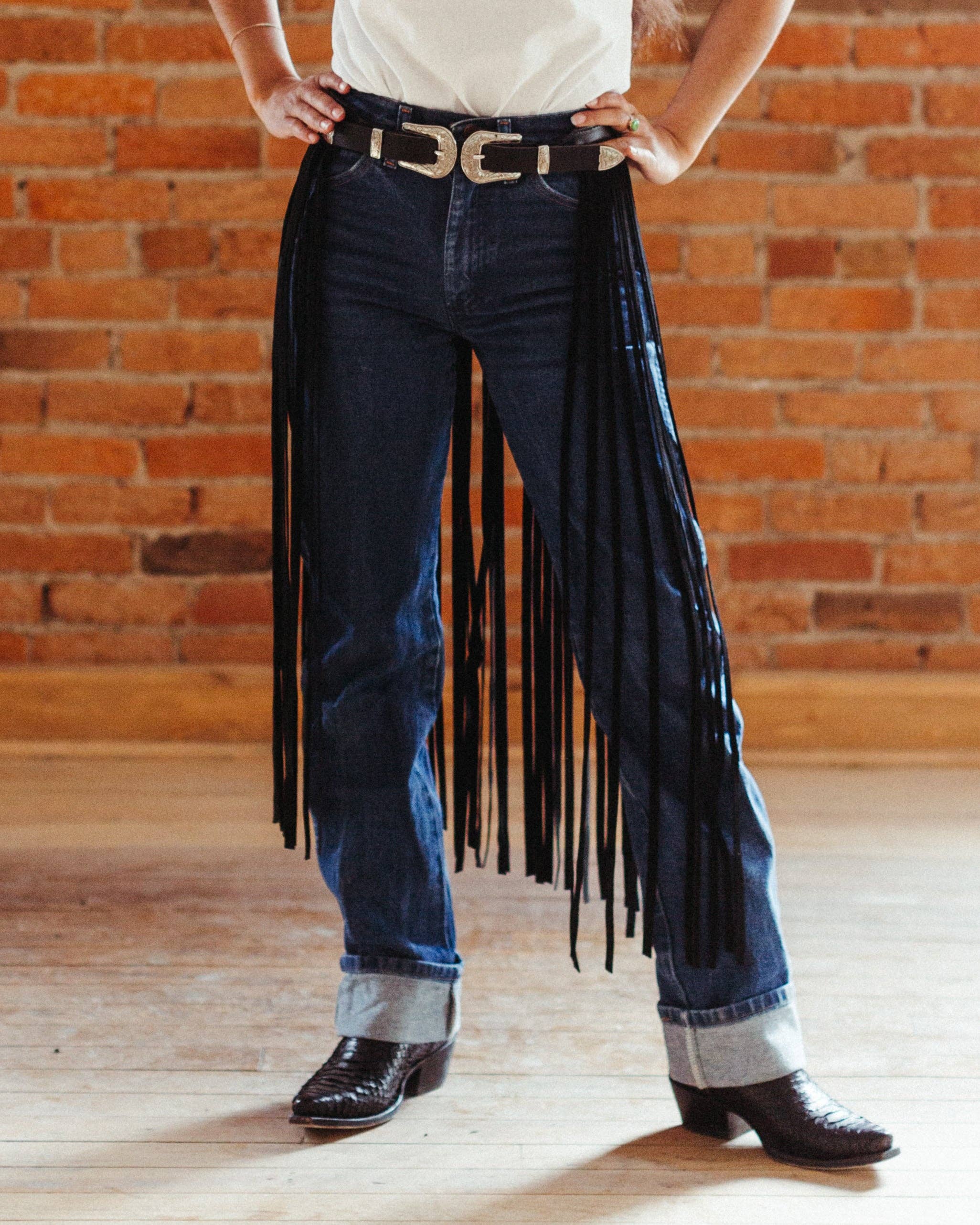 Double Buckle Fringed Leather Belt by Crossbow