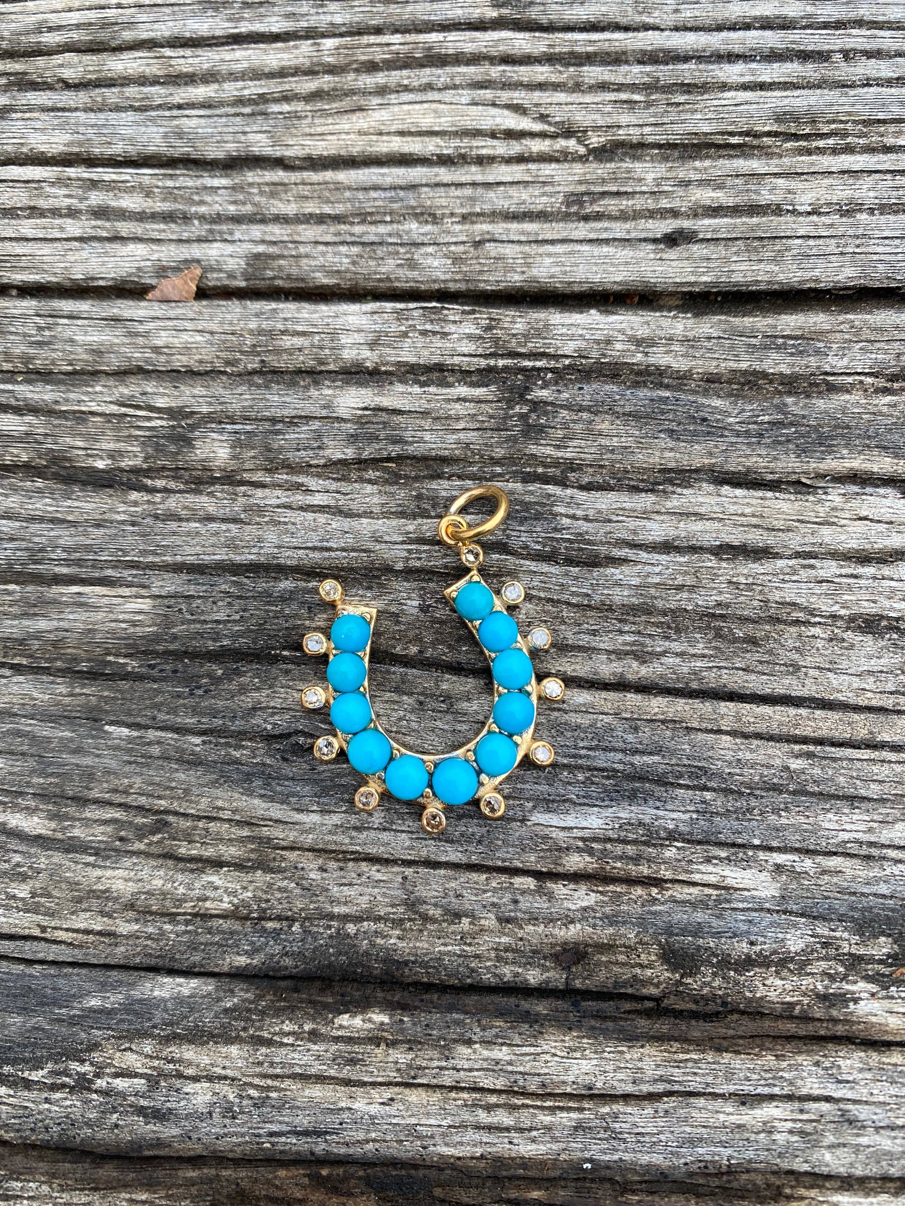 Turquoise & Diamond Horseshoe Gold Pendant