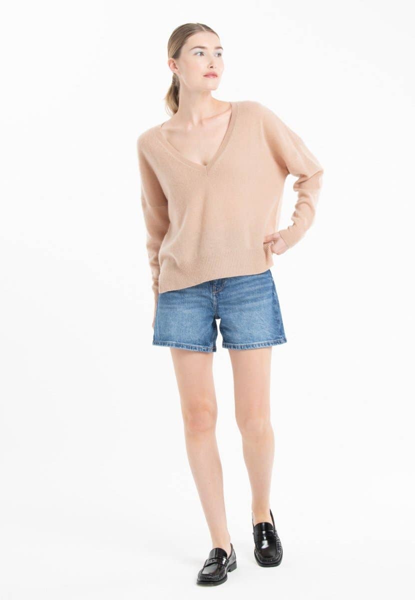 Cashmere V-neck Camel + Purple Stripe Sweater