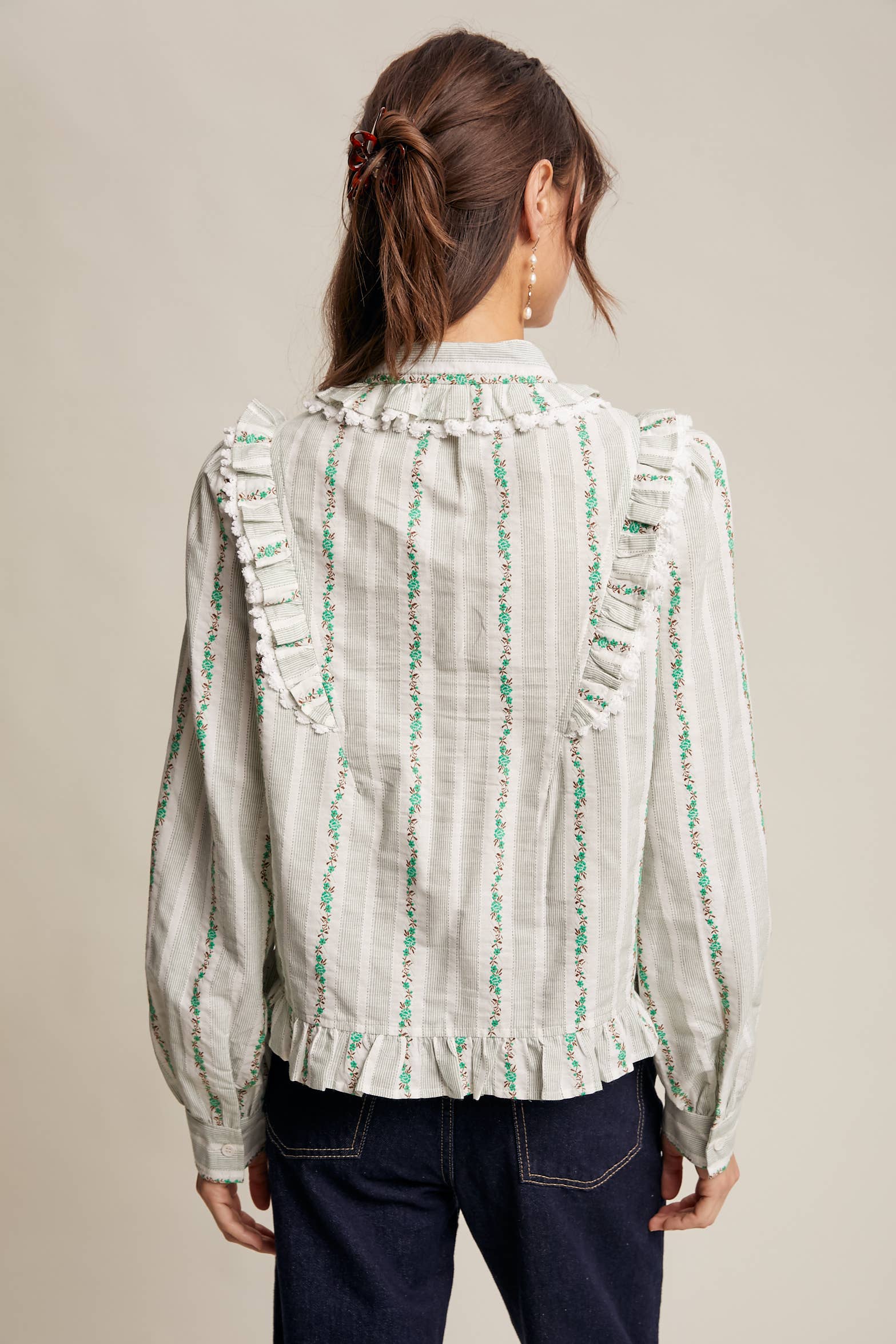 Green Flower Ruffle Embroidered Blouse