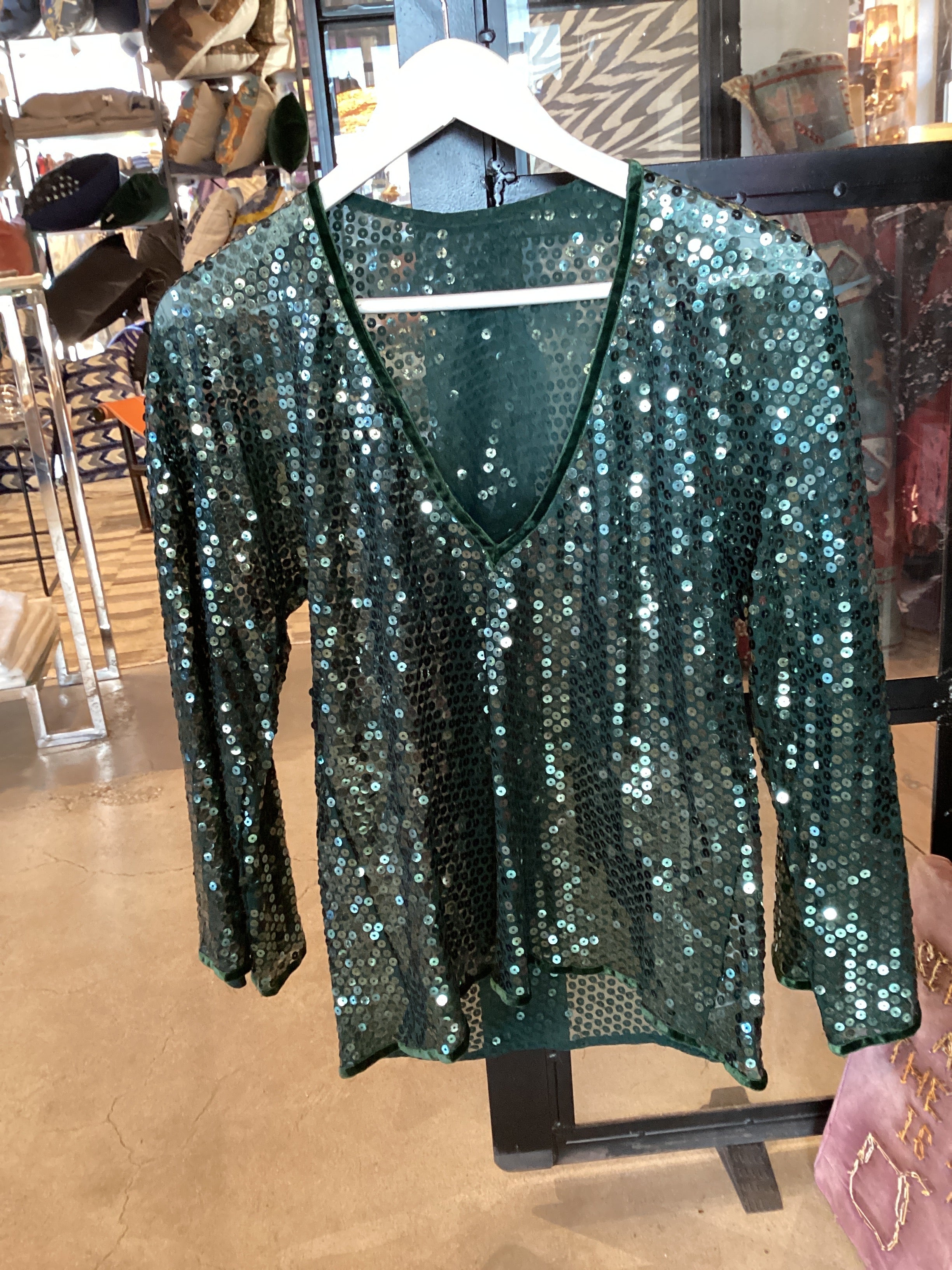 Oscar de la Renta Green Sheer Sequined top