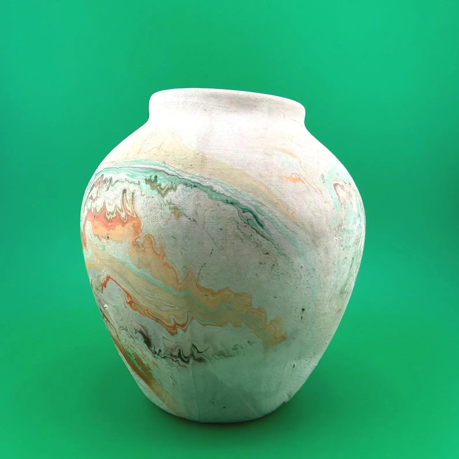 Vintage Nemadji Indian Pottery Swirl Vase, Marbled Green and Orange