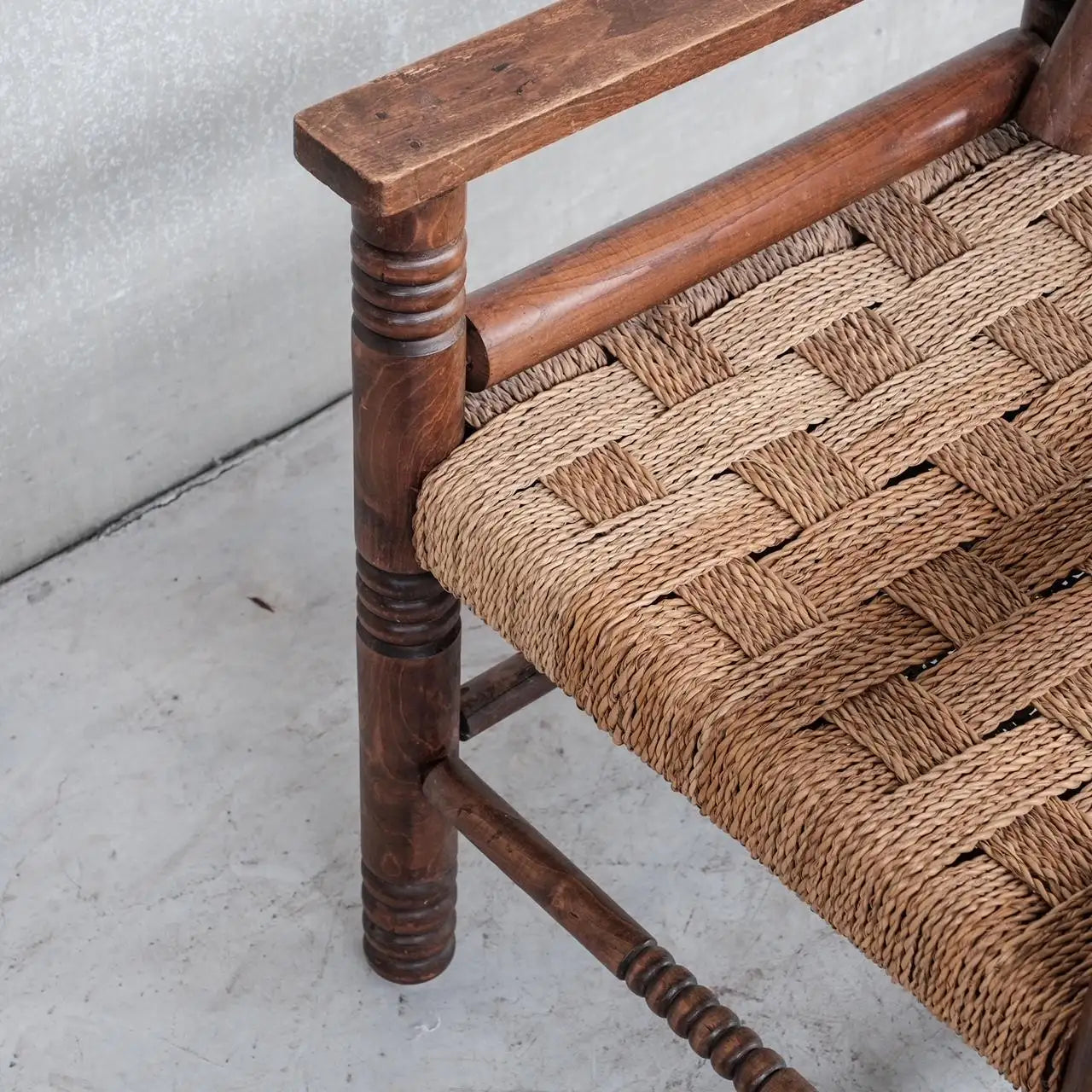 MCM Pair of Rush Oak Arm Chair In the Style of Charles Dudouyt